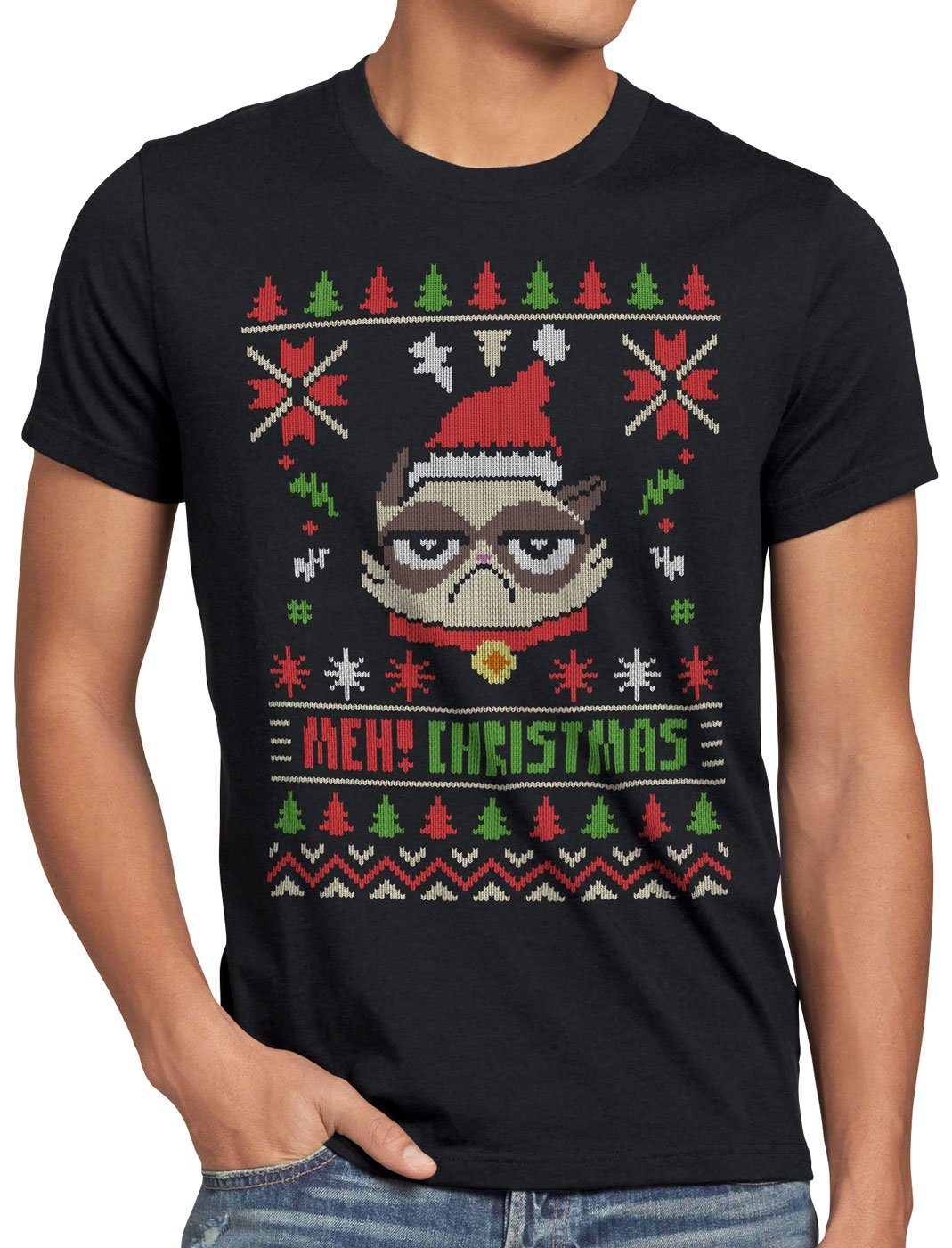 style3 Print-Shirt Herren T-Shirt Meh Christmas Jumper kater samtpfote x-mas pulli weihnachtsbaum
