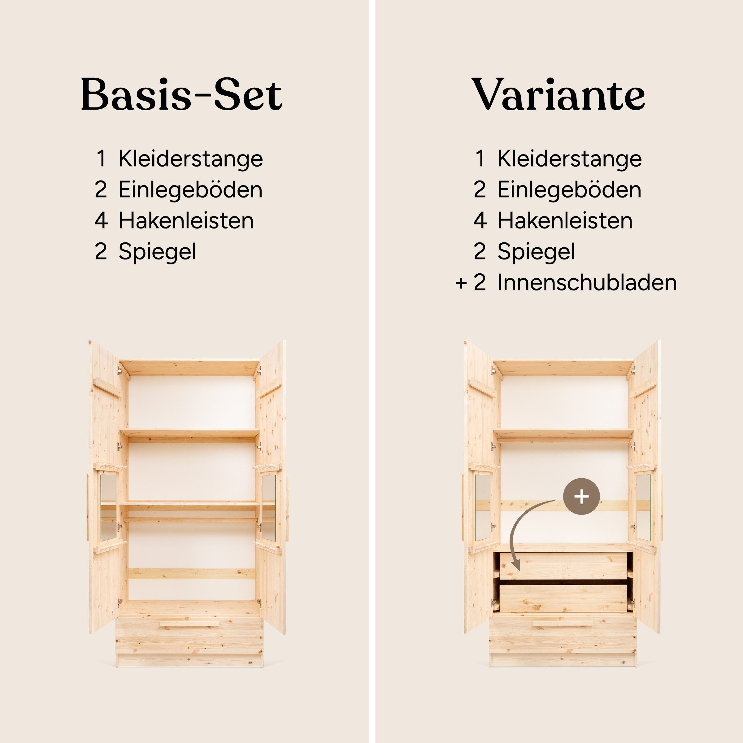 Ehrenkind Kleiderschrank Linia 100 cm aus Kiefernholz (inkl. Kleiderstange, 2 Einlegeböden, Schublade und 2 Innenschubladen, mehrstufige Stauraumlösung für Kleidung und Accessoires) flexible Innenaufteilung durch variables Rastersystem
