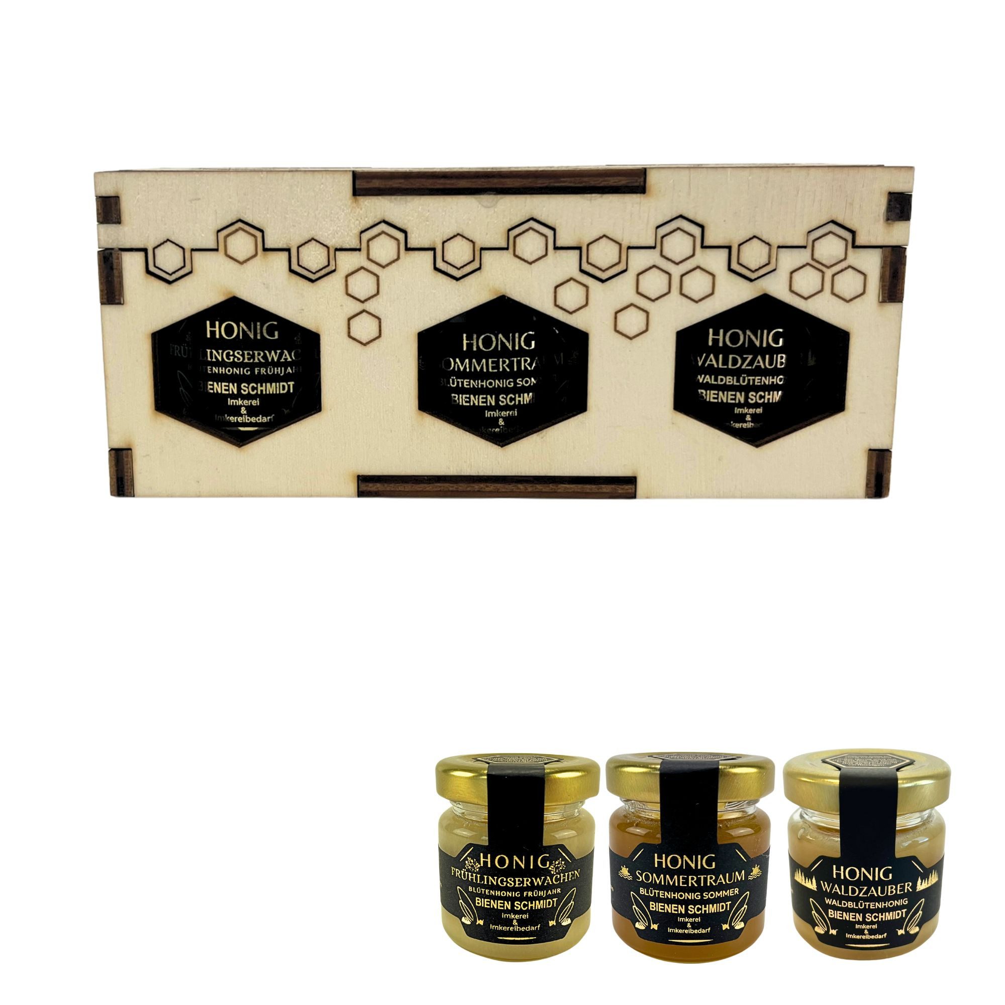 BIENEN SCHMIDT Honig 3er Holzgeschenkset mit 50g Honiggläsern in 3 Sorten, (Spar-Set)
