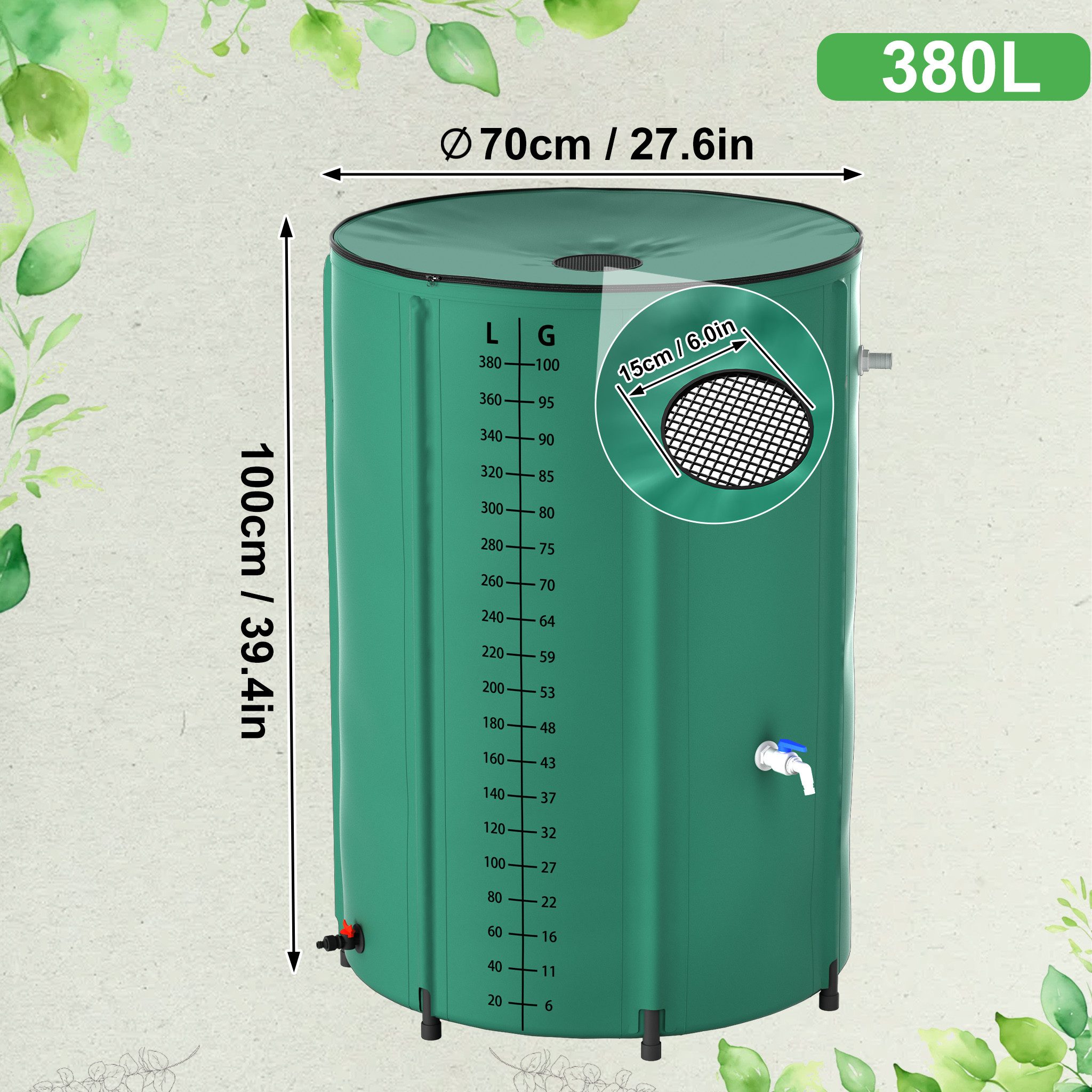 FIVMEN Regentonne Regenwassertonne faltbar Regenfass Wassertank Regenwassertank mit Hahn, 380 l, (200L / 380L / 500L / 750L), für Garten Balkon Regenfass mit Ablassventil und Überlaufschutz