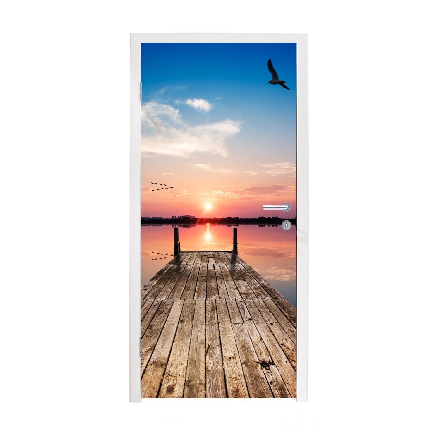 MuchoWow Türtapete Steg - Wasser - Sonnenuntergang - Rosa - Horizont, Matt, bedruckt, (1 St), Fototapete für Tür, Türaufkleber, 75x205 cm