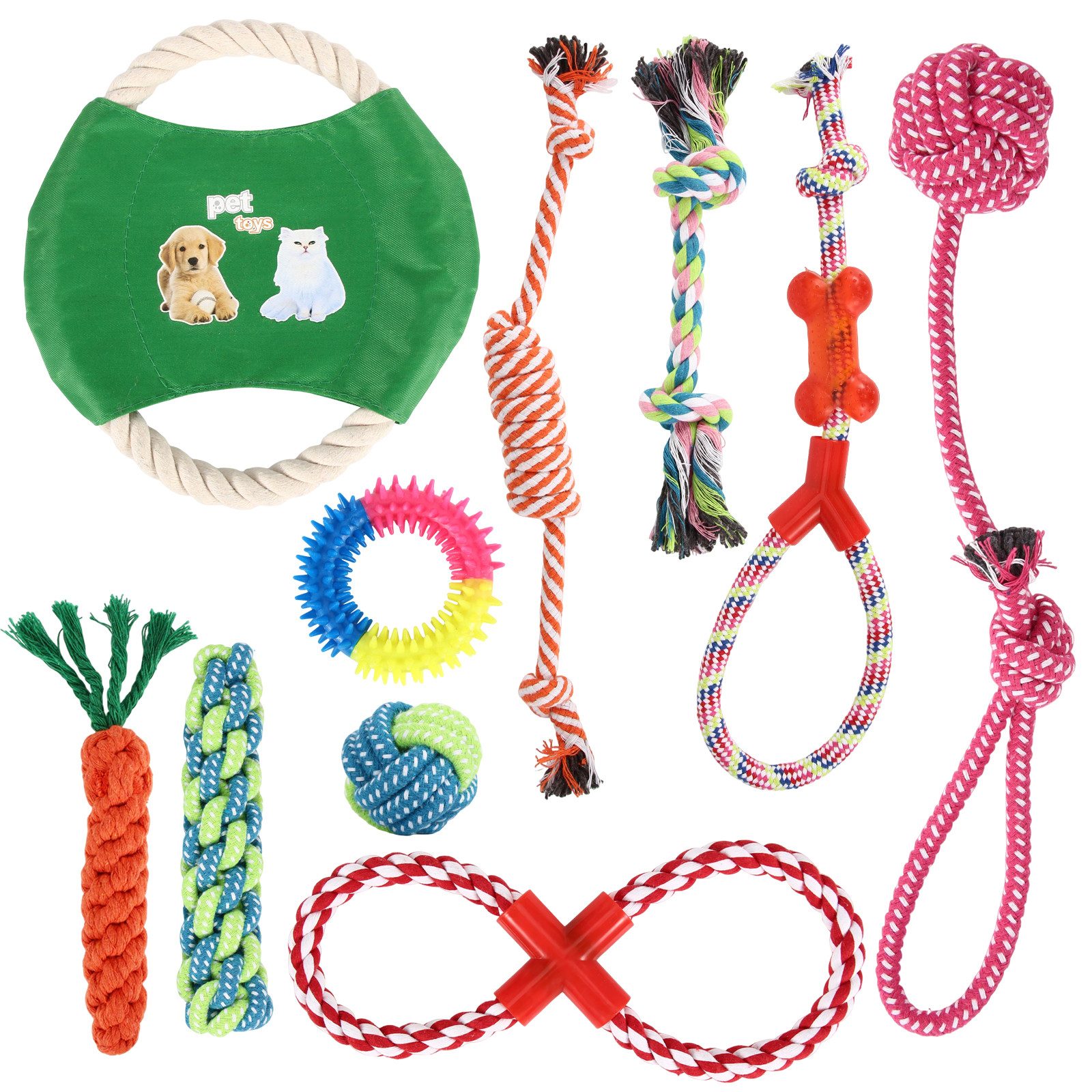 BlingBin Kauspielzeug 10er-Set Bunte Hundespielzeuge aus Baumwolle zum Kauen und Toben, (10er Set 10-tlg), Hundespielzeug für kleine Hunde – vielseitiges Welpenspielzeug