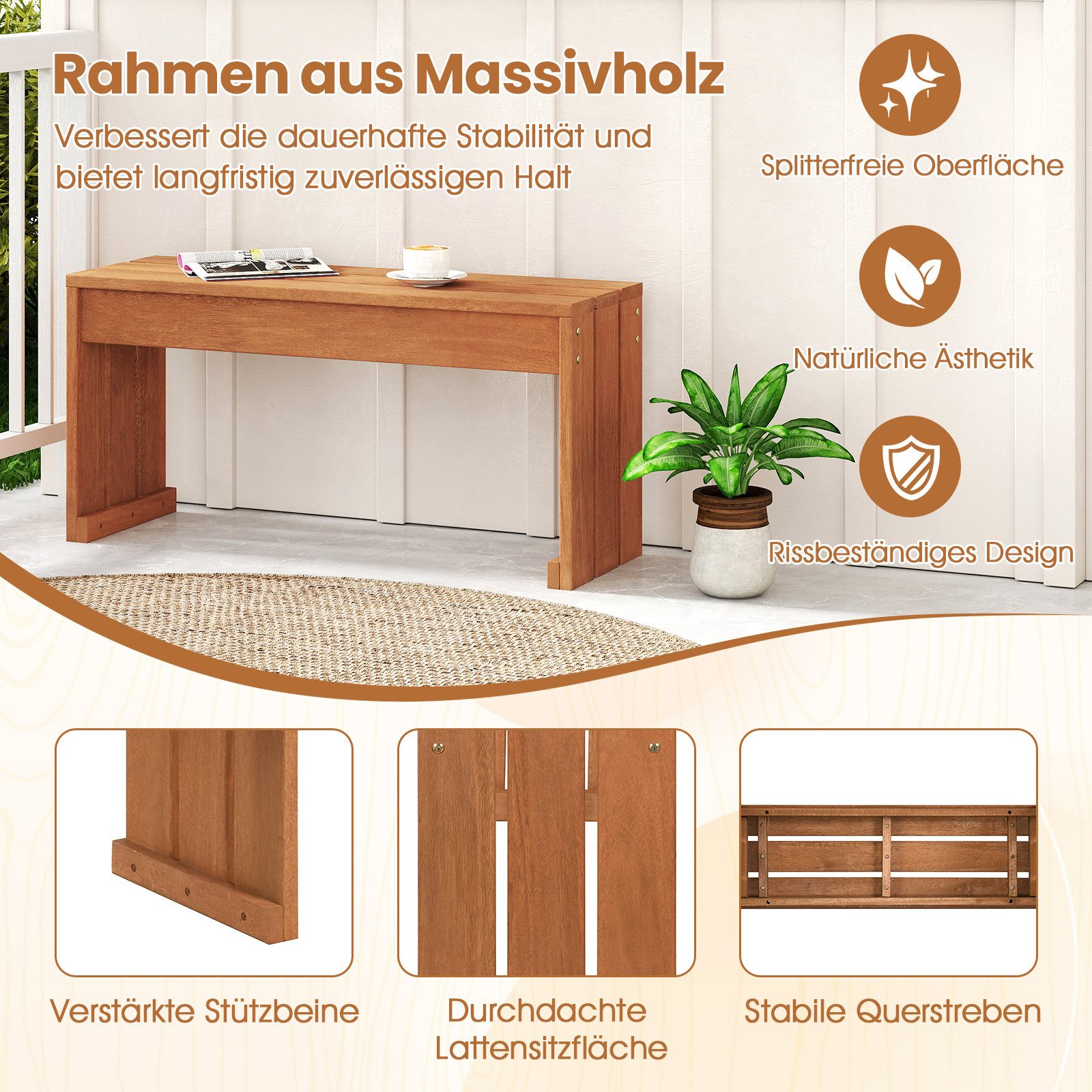 COSTWAY Gartenbank, ohne Lehne, Sitzbank Holz Wetterfest 90 x 30 x 44 cm