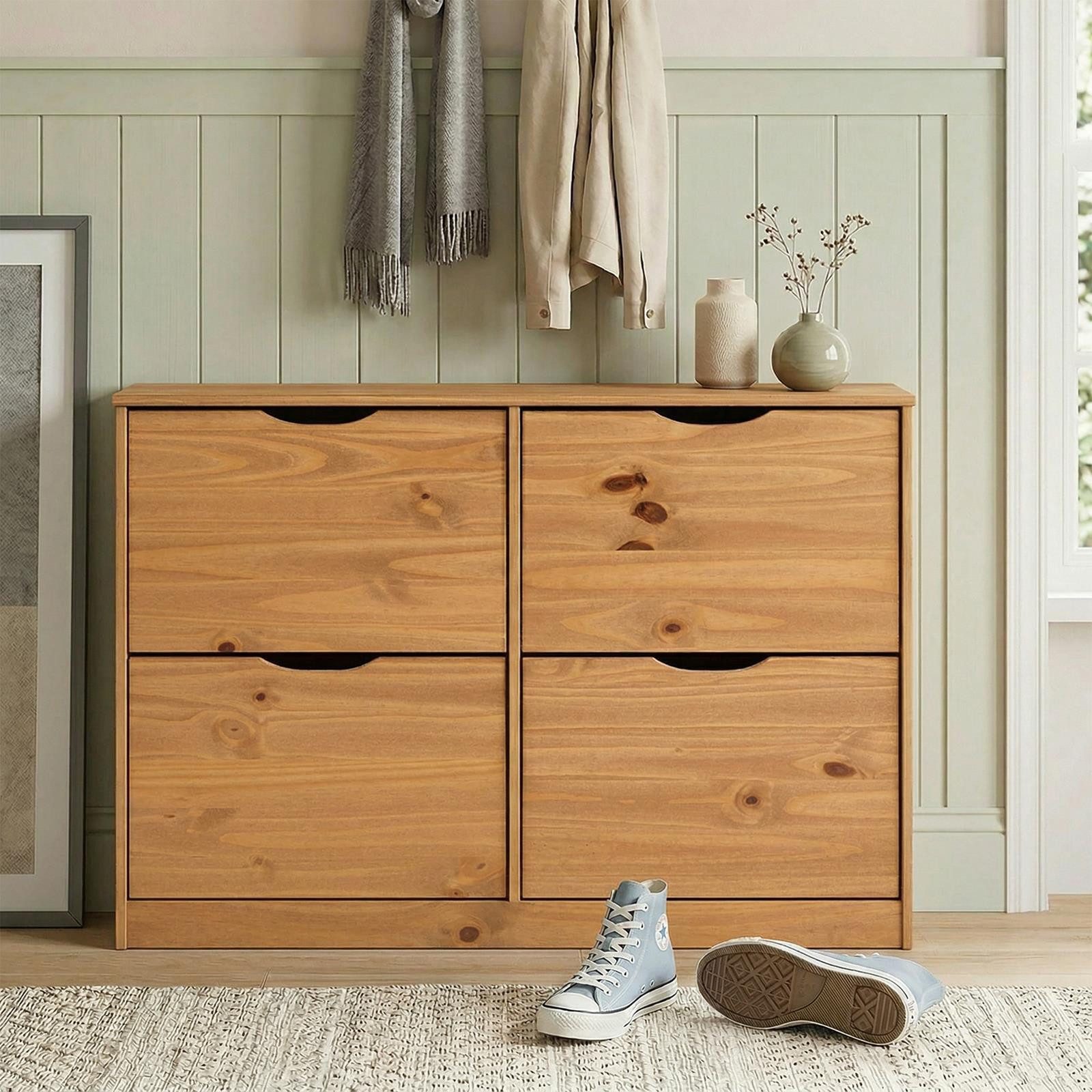 IDIMEX Schuhkipper BASIL, Schuhschrank schmal mit 4 Klappen, für 16 Paar Schuhe Massivholz Braun