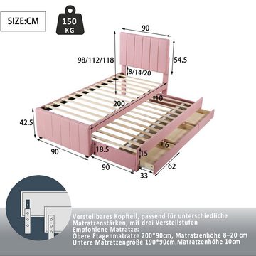 Flieks Polsterbett, Einzelbett 90x200cm mit 3 Schubladen und Ausziehbett 90x190cm