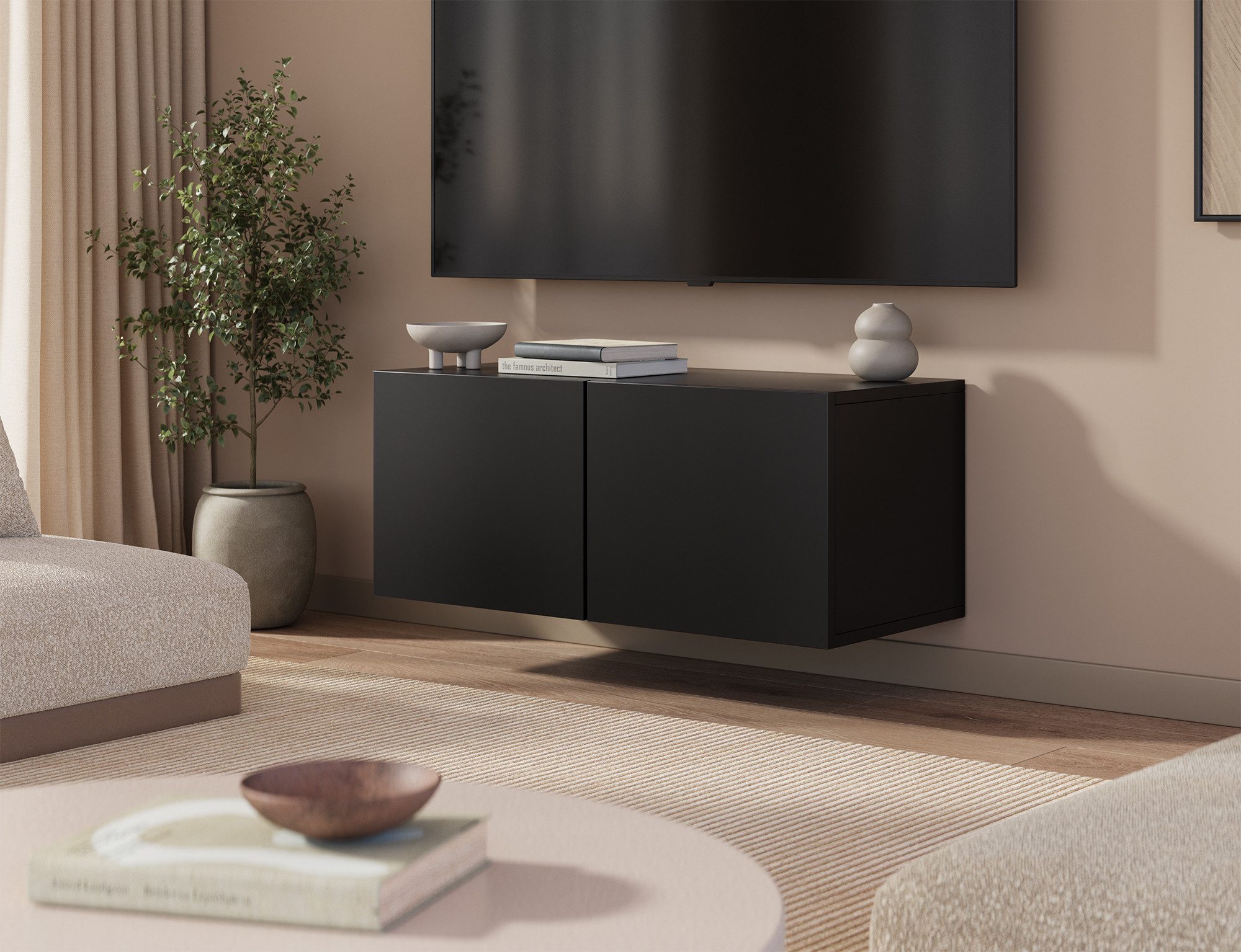 MOEBLO TV-Board ALVARA 100 (TV-Lowboard 100 cm wandhängend, TV-Schrank mit 2 Klapptüren, TIP-ON, offenen Fächern, Stauraum, modernes Wohnzimmermöbel, grifflos, offene Fächer, Stauraum, Wohnzimmermöbel, modern, minimalistisch), (BxHxT):100 x 41 x 40 cm