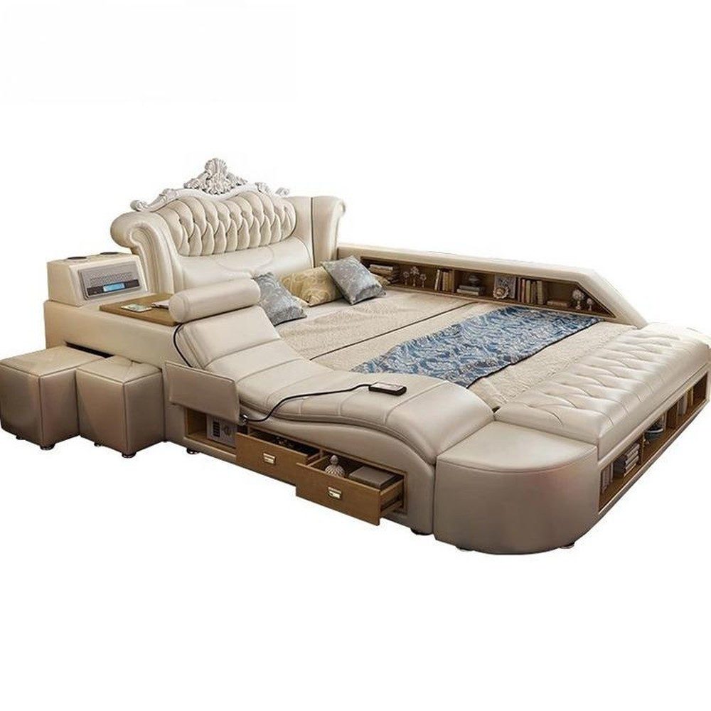 JVmoebel Multimediabett Multifunktionales Bett Moderner Stil Beigefarben Holzrahmen Bequem (2-tlg)