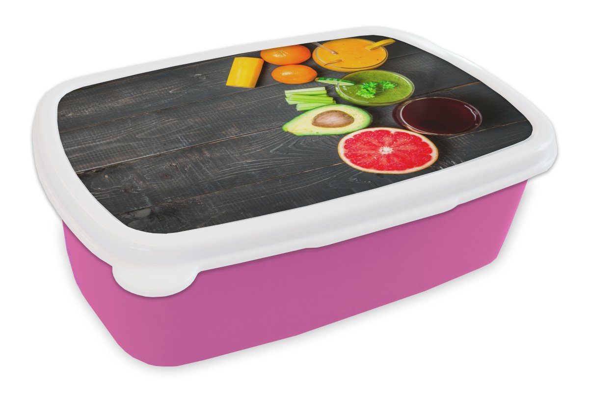 MuchoWow Lunchbox Obst - Smoothie - Industriell - Sommer, Kunststoff, (2-tlg), Brotbox für Erwachsene, Brotdose Kinder, Snackbox, Mädchen, Kunststoff rosa
