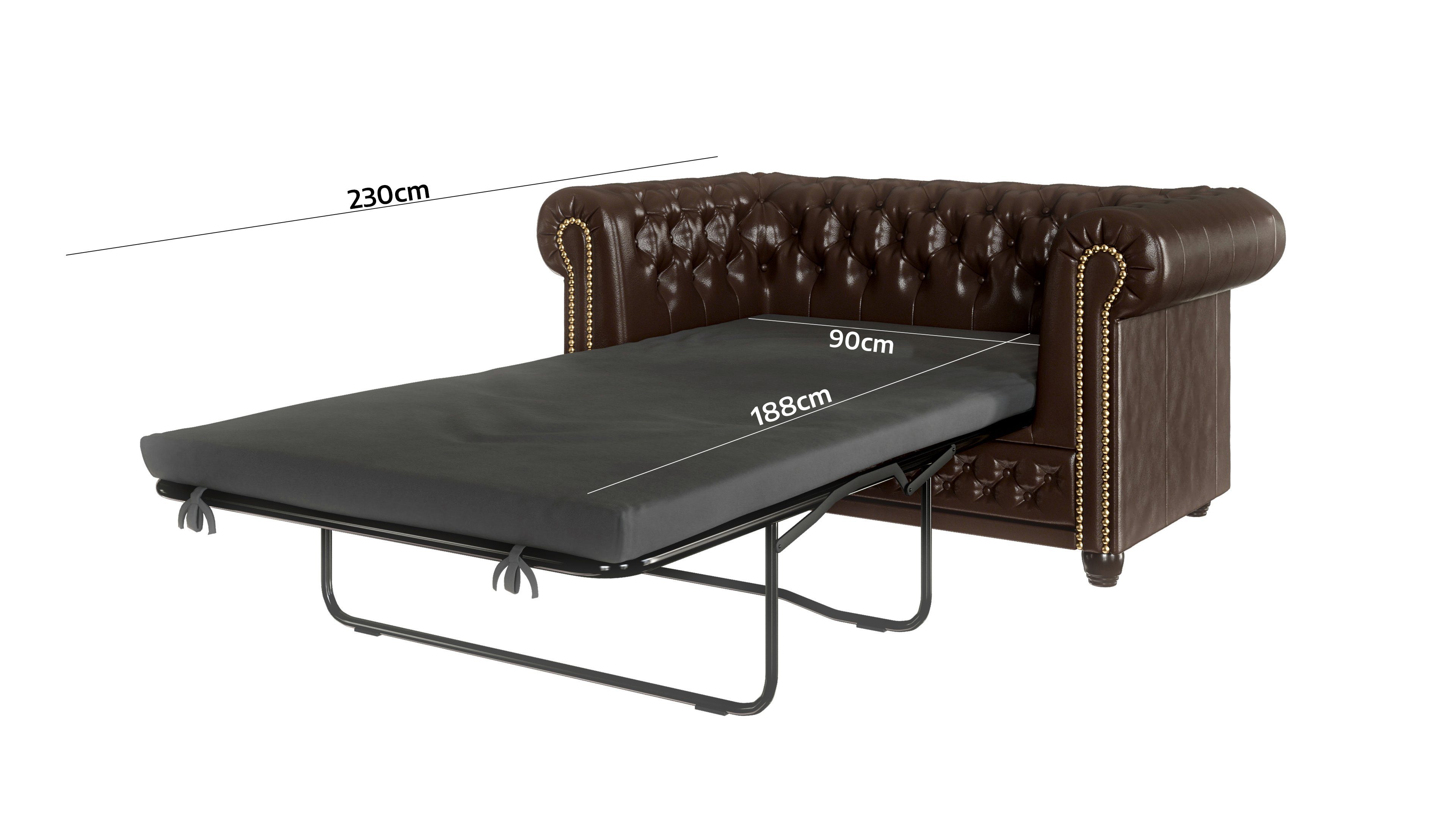 mit Jeff Sofa 2-Sitzer Braun Wellenfederung Möbel S-Style Schlaffunktion, mit mit Bettfunktion, Chesterfield