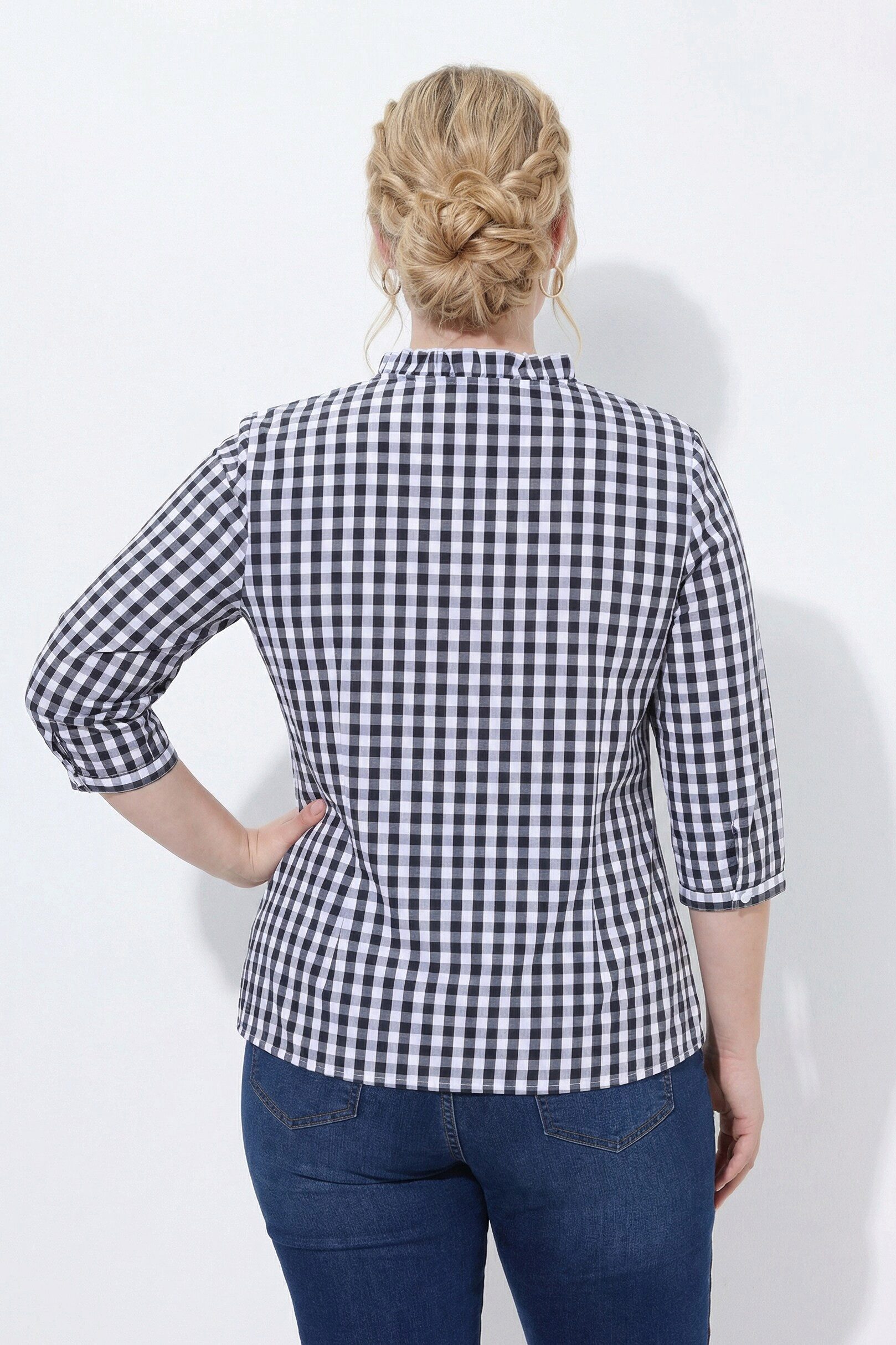 Ulla Popken Trachtenbluse Bluse Karomuster Rüschen Stehkragen 3/4-Arm
