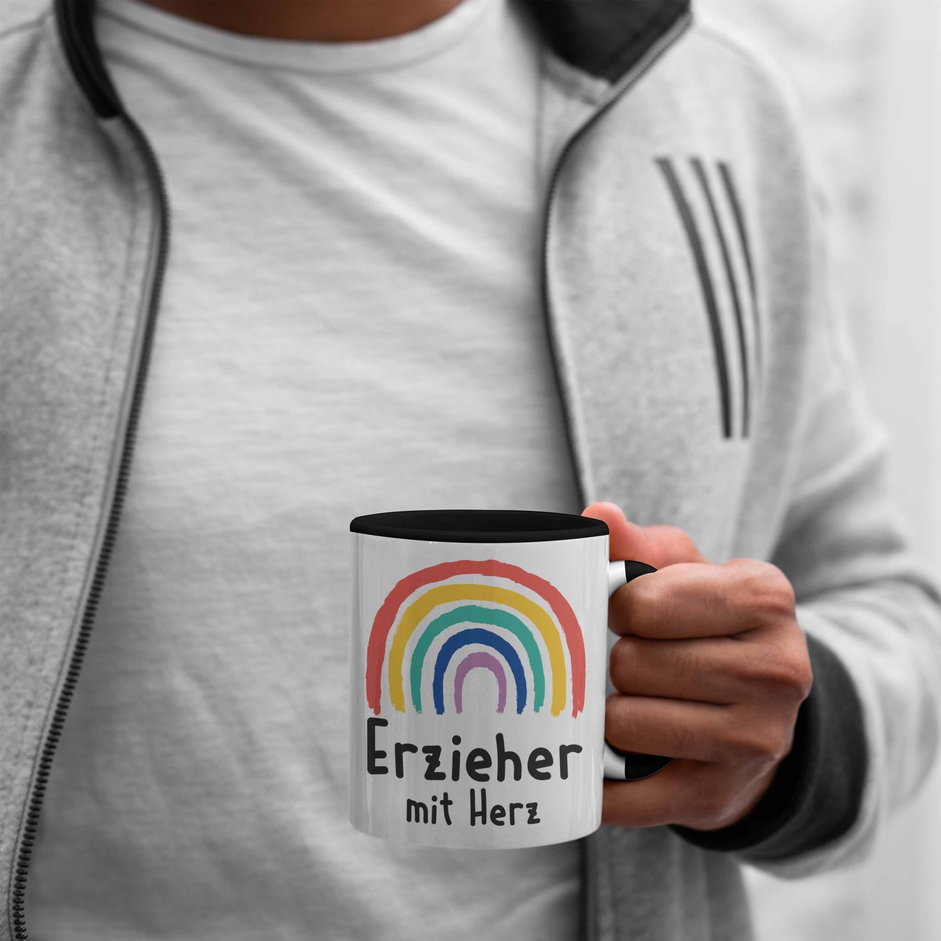 mit Tasse Herz Spruch - Schwarz mit Geschenk Kindergärtner Trendation Erzieher Tasse Kaffeetasse Abschiedsgeschenk Geschenke Trendation