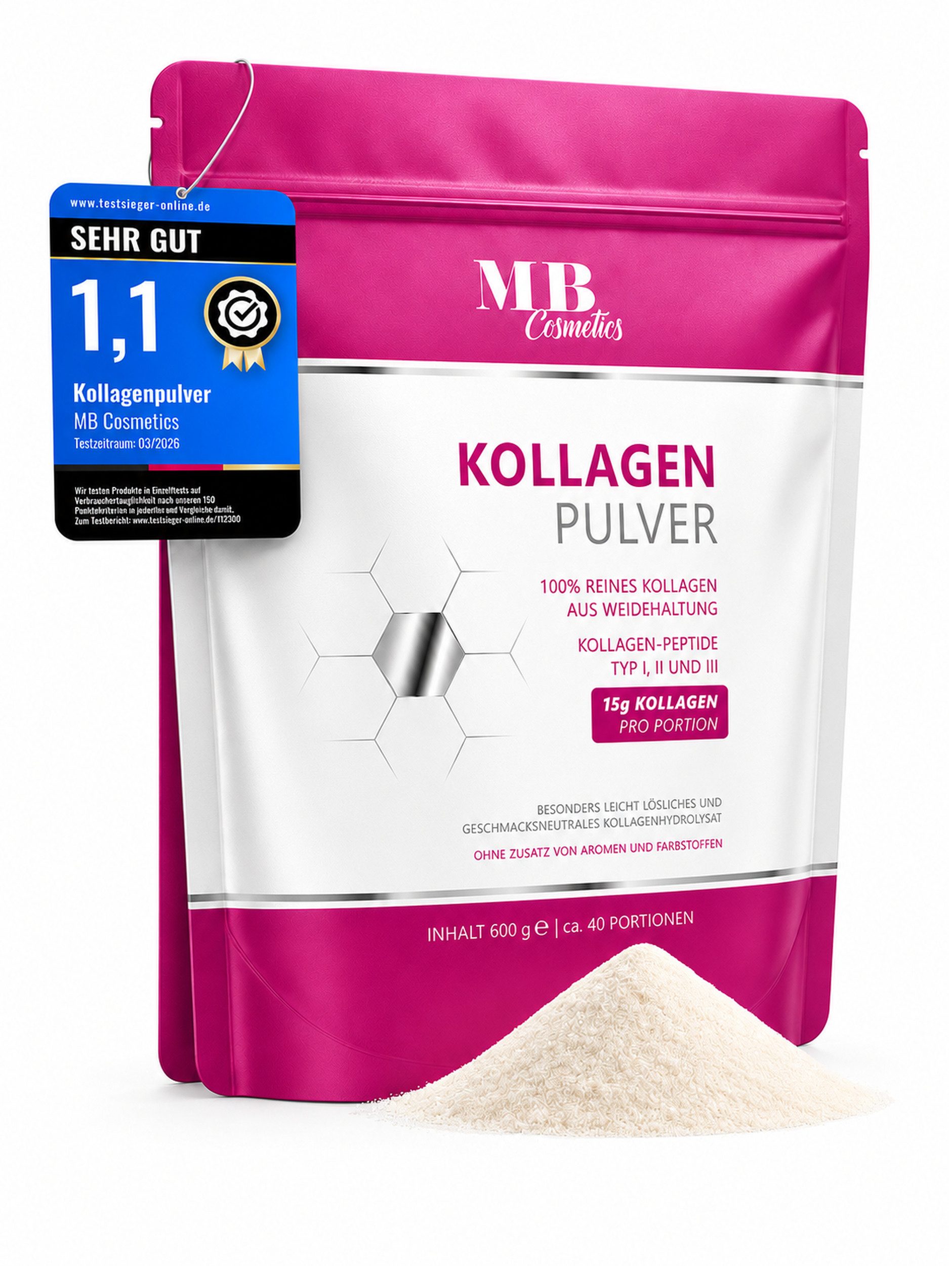 Medical Beauty Cosmetics Kollagen Pulver - 100% Hydrolysat aus Weiderind, geschmacksneutrales Pulver, 1 er Packung à 600 g, Collagen Peptide Typ 1, 2, 3 – Eiweißpulver, perfekte Löslichkeit