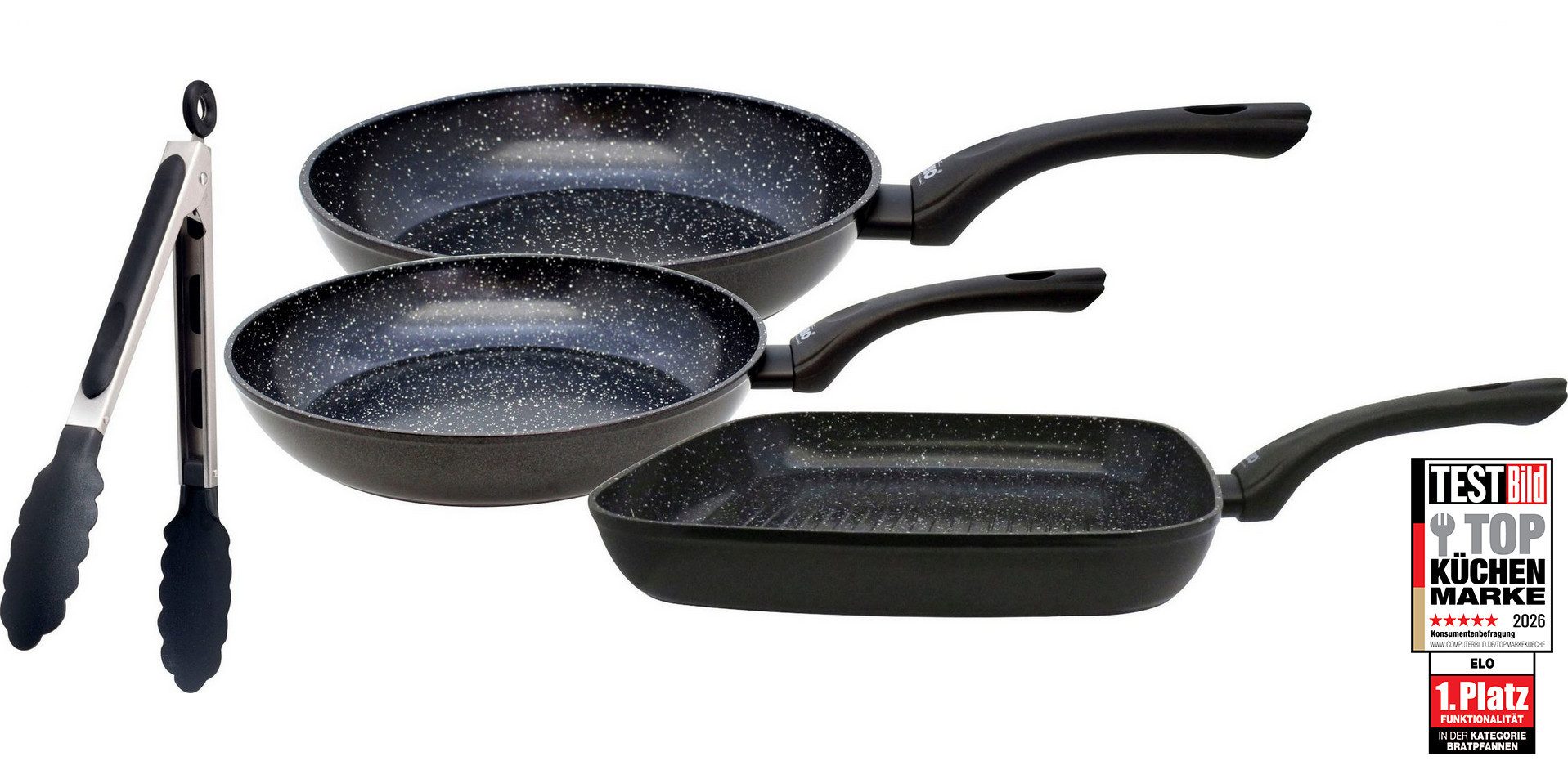 Elo Pfannen-Set Pure Belugo, Aluminium (Set, 4-tlg., je 1 Bratpfanne Ø 20/24 cm, 1 Grillpfanne 28x28 cm, 1 Servierzange), keramische Beschichtung, Induktion