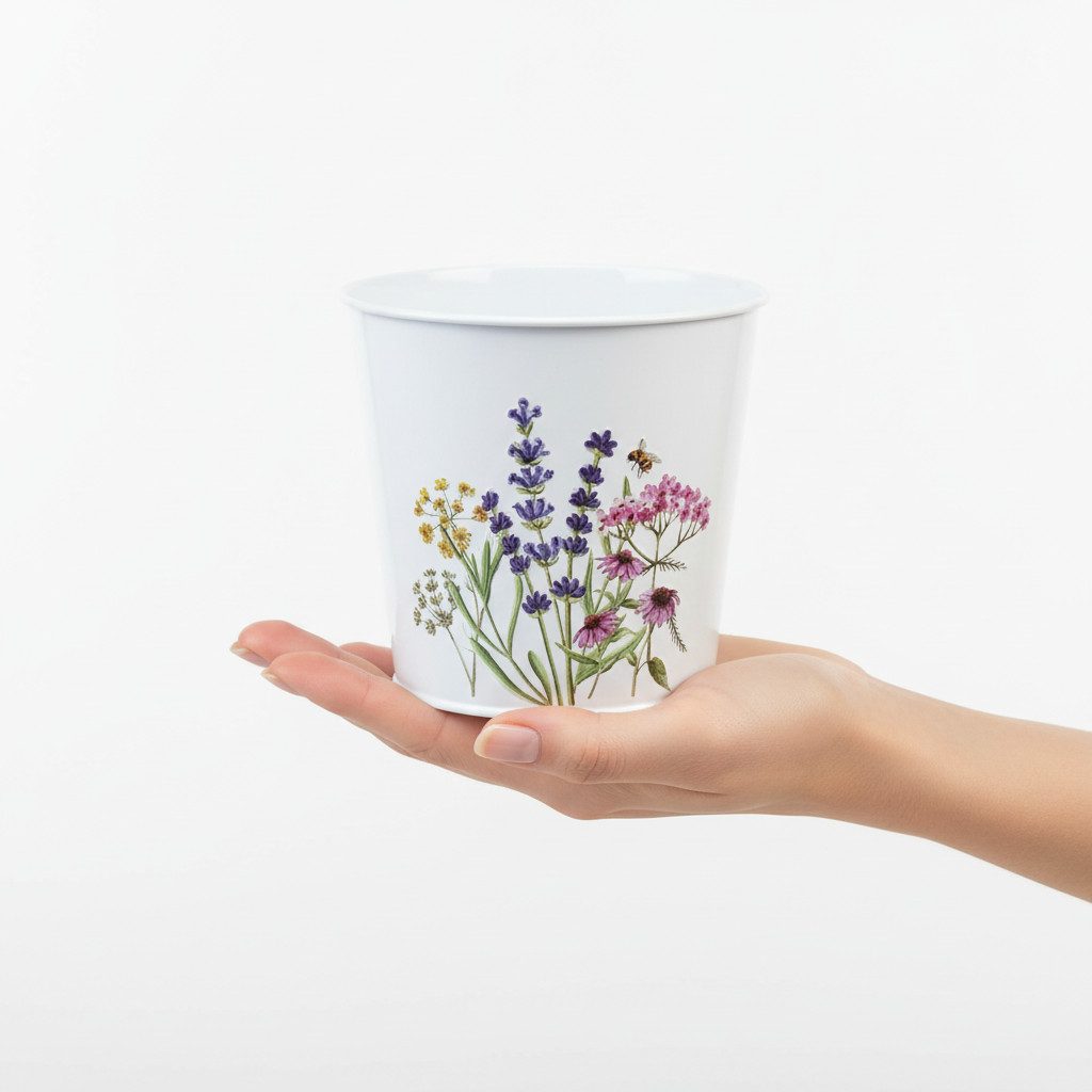 Posiwio Übertopf Blumentopf Metall mit Prägung Wildkräuter und Biene