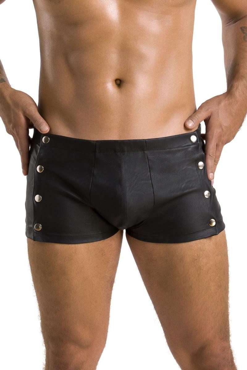 Boxershorts Schwarzer Herren Dessous Shorts aus mattem Kunstleder mit Metallknöpfe