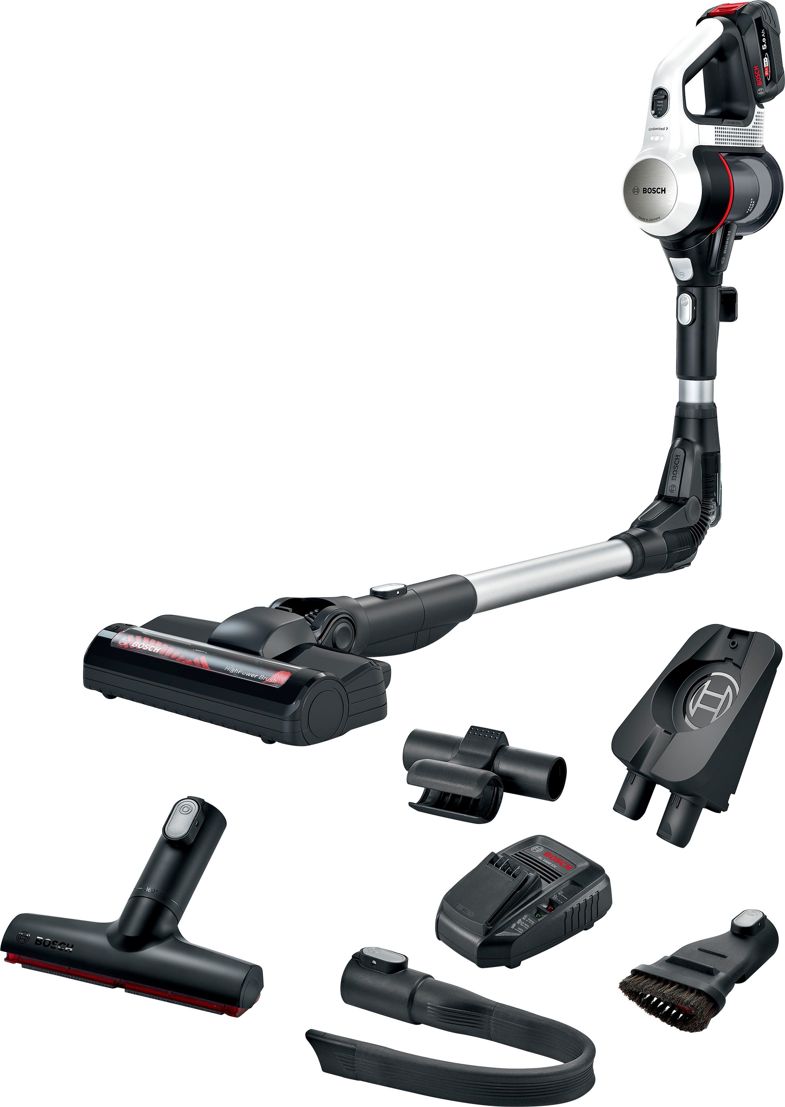 BOSCH Akku-Bodenstaubsauger Unlimited 7 BSS715CARP, 5.0 Ah Akku, Knickrohr, Hygiene-Filter, beutellos, 10 Jahre Motorgarantie, Schnellladegerät, Made in Germany, weiß