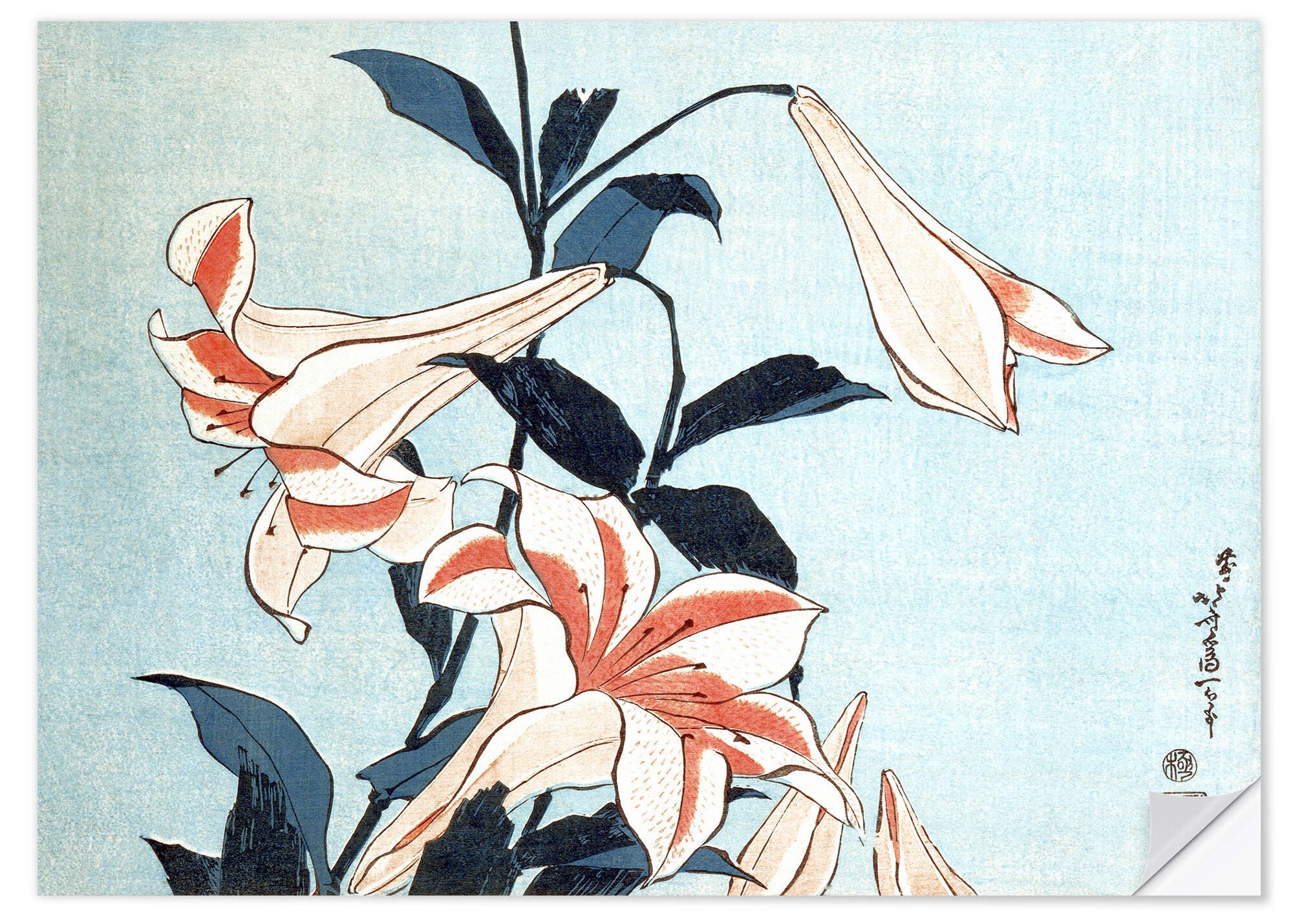 Posterlounge Wandfolie Katsushika Hokusai, Trompetenlilien, Wohnzimmer Malerei