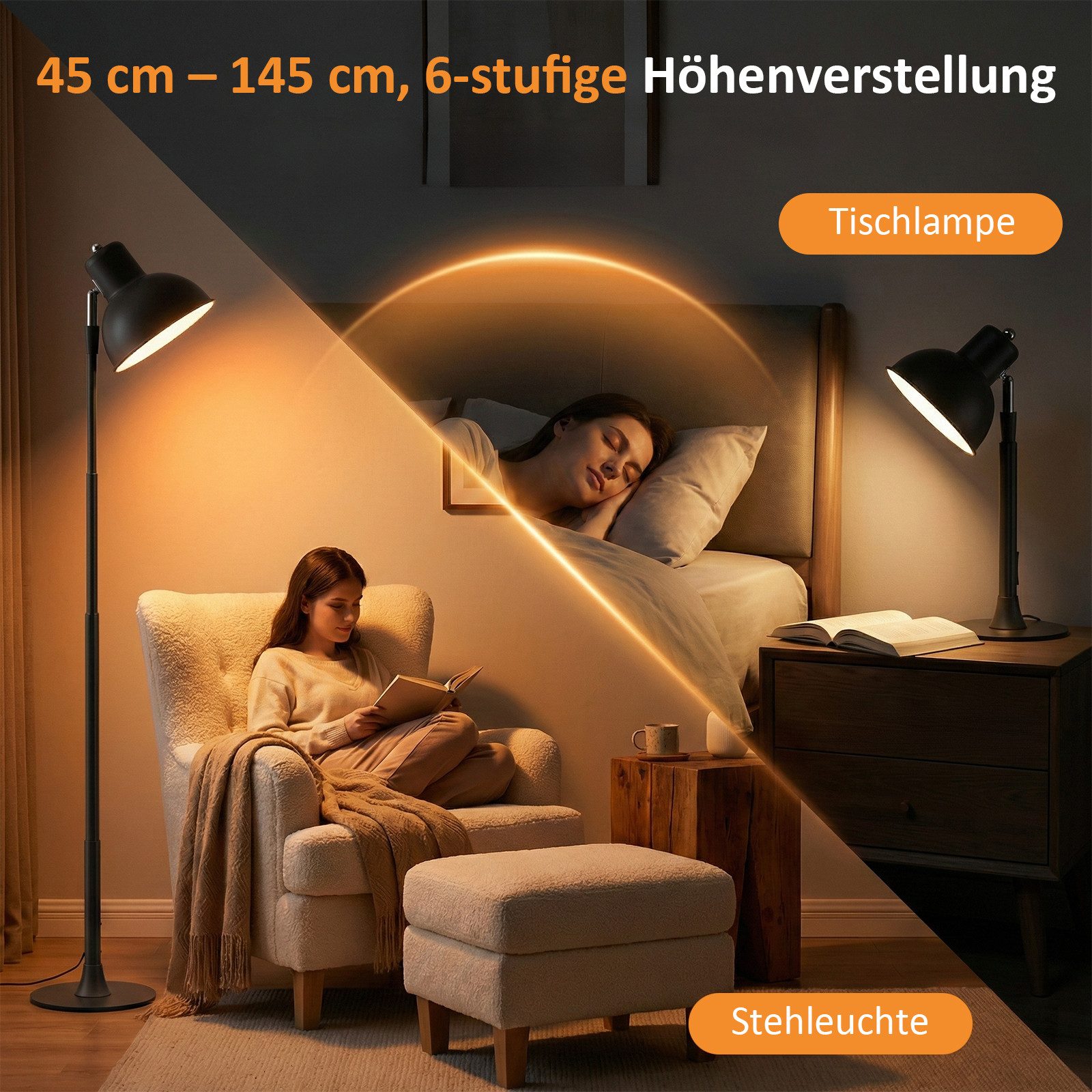 Rosnek LED Schreibtischlampe LED Stehlampe Höhenverstellbare, Dimmbare LED, 3 Farbtemperaturen, LED fest integriert, 45–145 cm, 150° drehbar, Metallfuß, für Esszimmer, Büro & Schlafzimmer