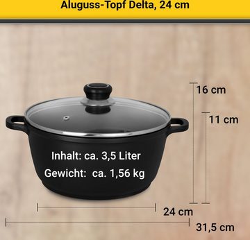 Krüger Fleischtopf Aluguss Fleischtopf mit Glasdeckel DELTA, 24 cm, Aluminiumguss (1-tlg), für Induktions-Kochfelder geeignet