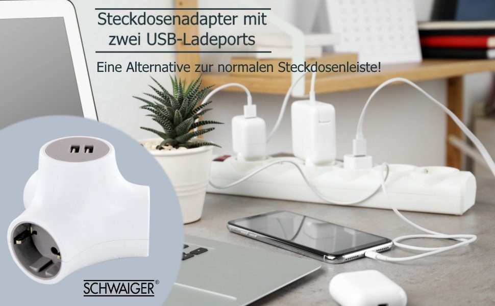 Schwaiger 660111 Mehrfachsteckdose 5-fach (3 Steckdosen, 2 USB Buchsen, Kabellänge 1.4 m)