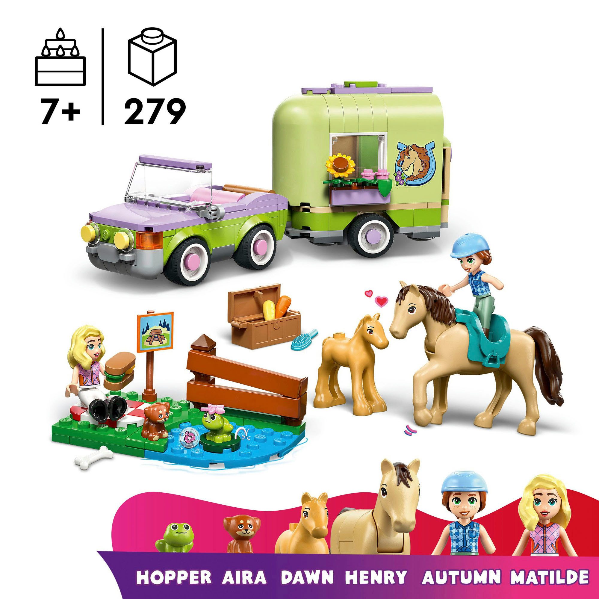 LEGO® Pferd und Fohlen mit Pferdeanhänger (42695), LEGO Friends Konstruktionsspielsteine, (279 St)