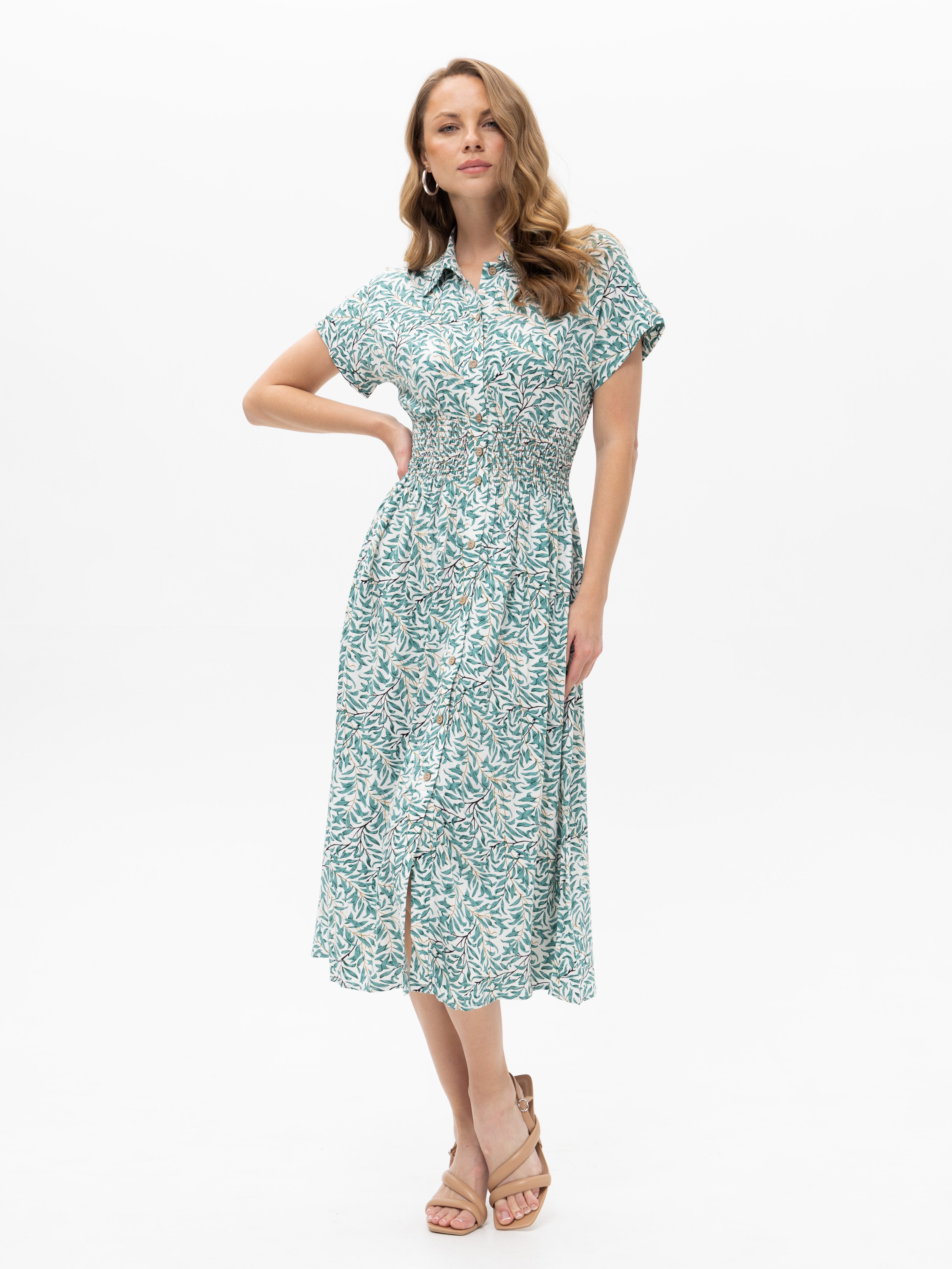 Passioni Hemdblusenkleid mit floralem Muster Hemdblusenkleid mit gesmockter Taille und grünem Muster