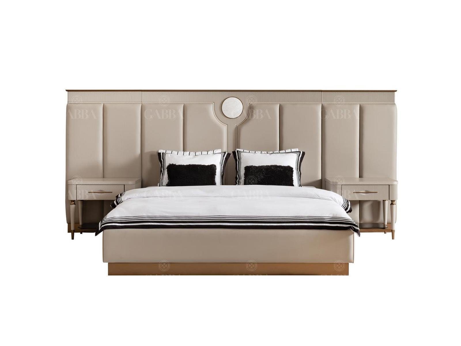Schlafzimmer-Set Garnitur Schlafzimmer Doppelbett Bett Nachttische Set 3tlg Beige Stoff
