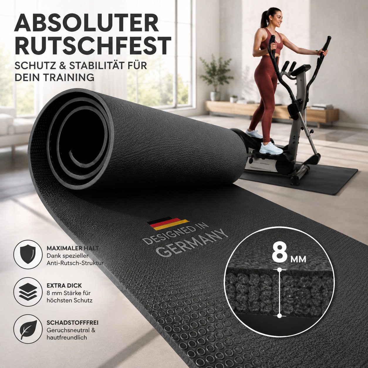 Ertex Bodenmatte Bodenschutzmatte Laufband Matte Fitnessgerät rutschfest Dicke 8mm