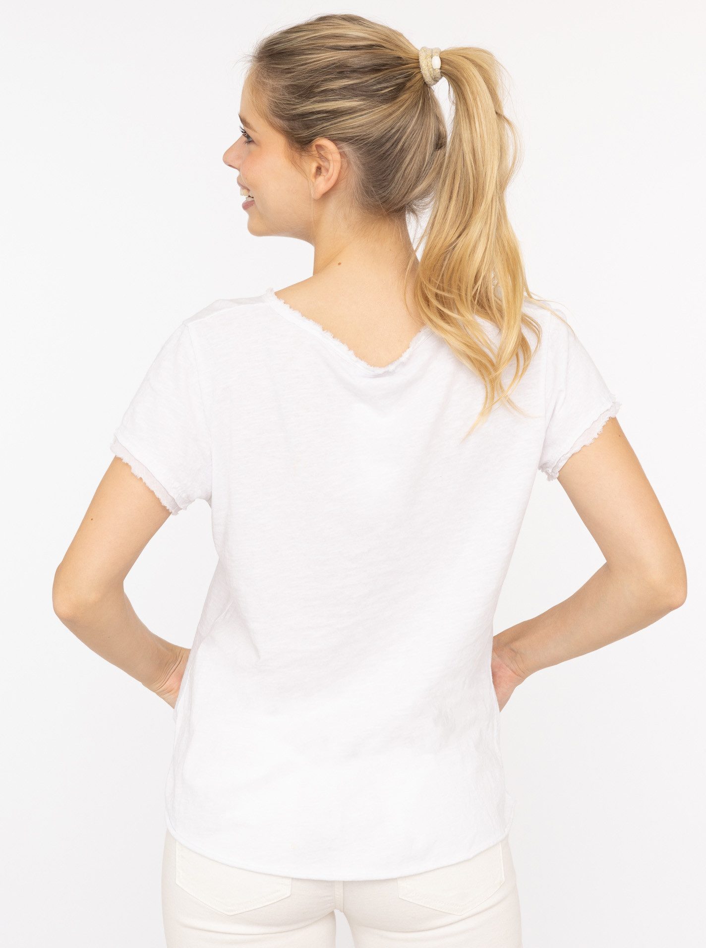 Zwillingsherz T-Shirt "Positive Mind" V-Ausschnitt, Kurzarm, Used-Look, Baumwolle, ausgefranste Kanten