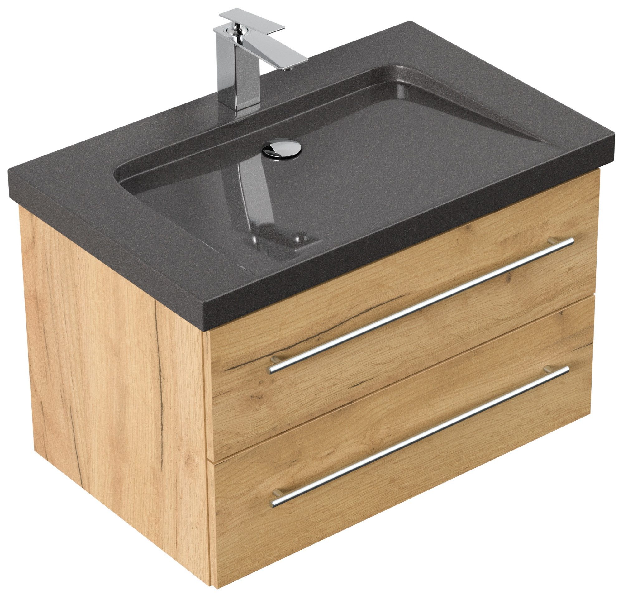 Magnolia Home Waschtisch Badmöbel Granit India Black Damo 75 cm 1 Hahnloch SoftClose eiche gold