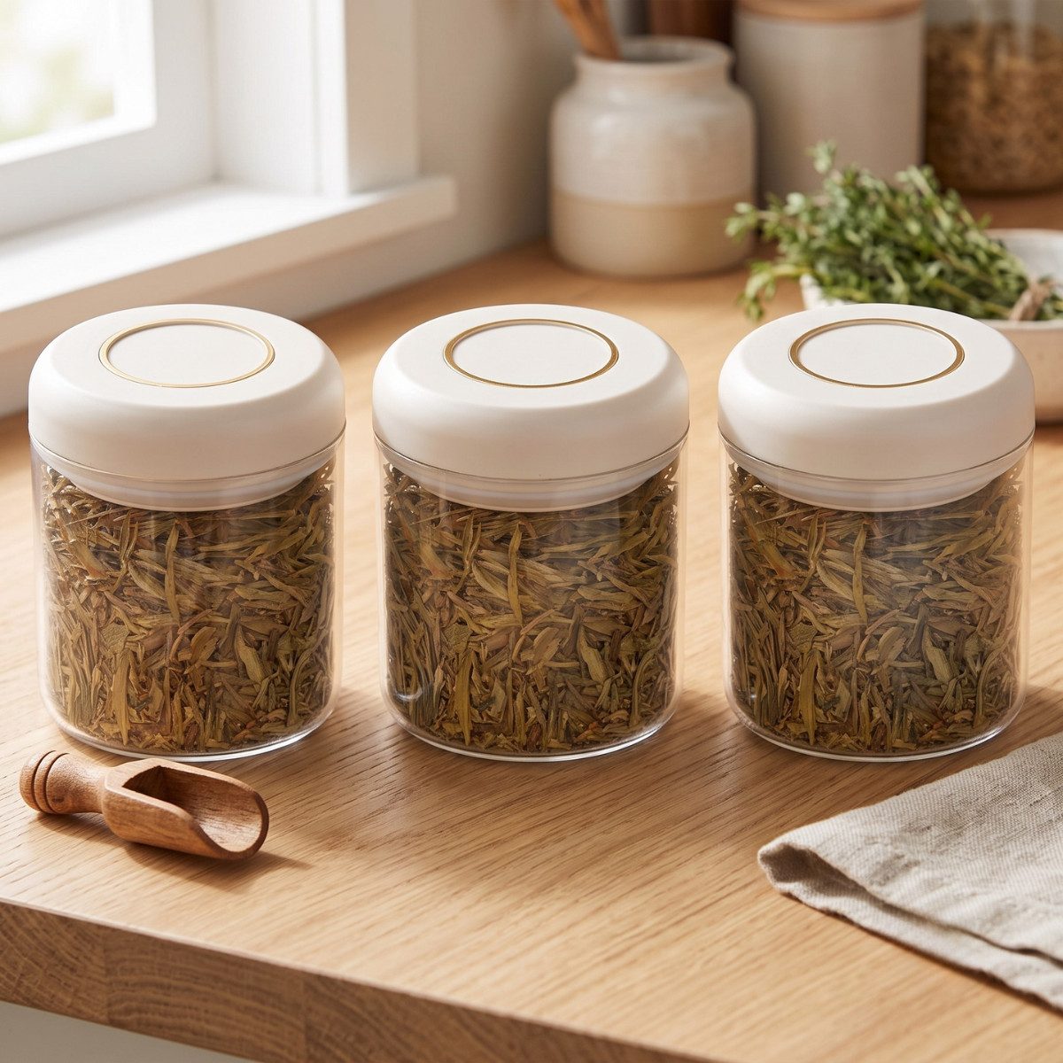 alesvelt Vorratsglas Set 3-tlg. Aufbewahrungs-Set mit luftdichtem Druck-Verschluss, (3-er Set), 10 x 12cm, beige, Glas, Druck-Verschluss