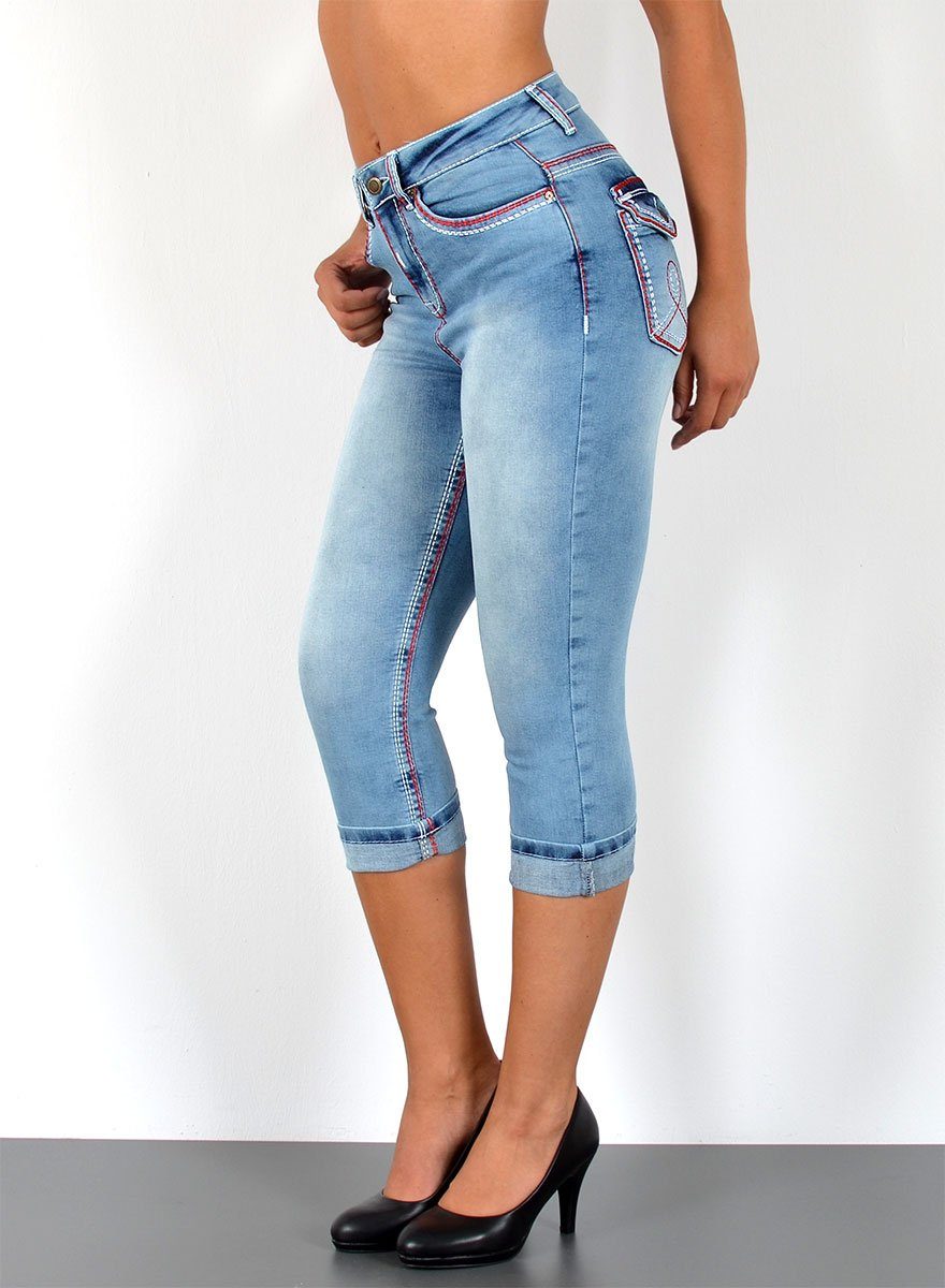 ESRA Caprijeans 3/4 Capri Jeans Damen High Waist weiße Naht Jeans Kontrastnähte J569 Capri Jeans Damen High Waist weiße Naht Jeans Kontrastnähte J569