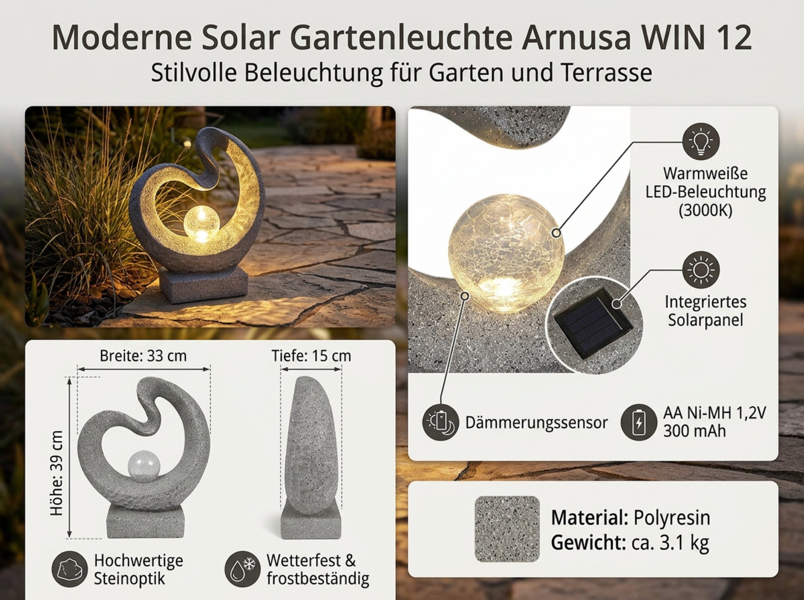 Arnusa LED Solarleuchte Gartenfigur mit Glaskugel Granit-Optik 33,5 x 39 cm, Dämmerungssensor, LED fest integriert, warmweiß, moderne Skulptur
