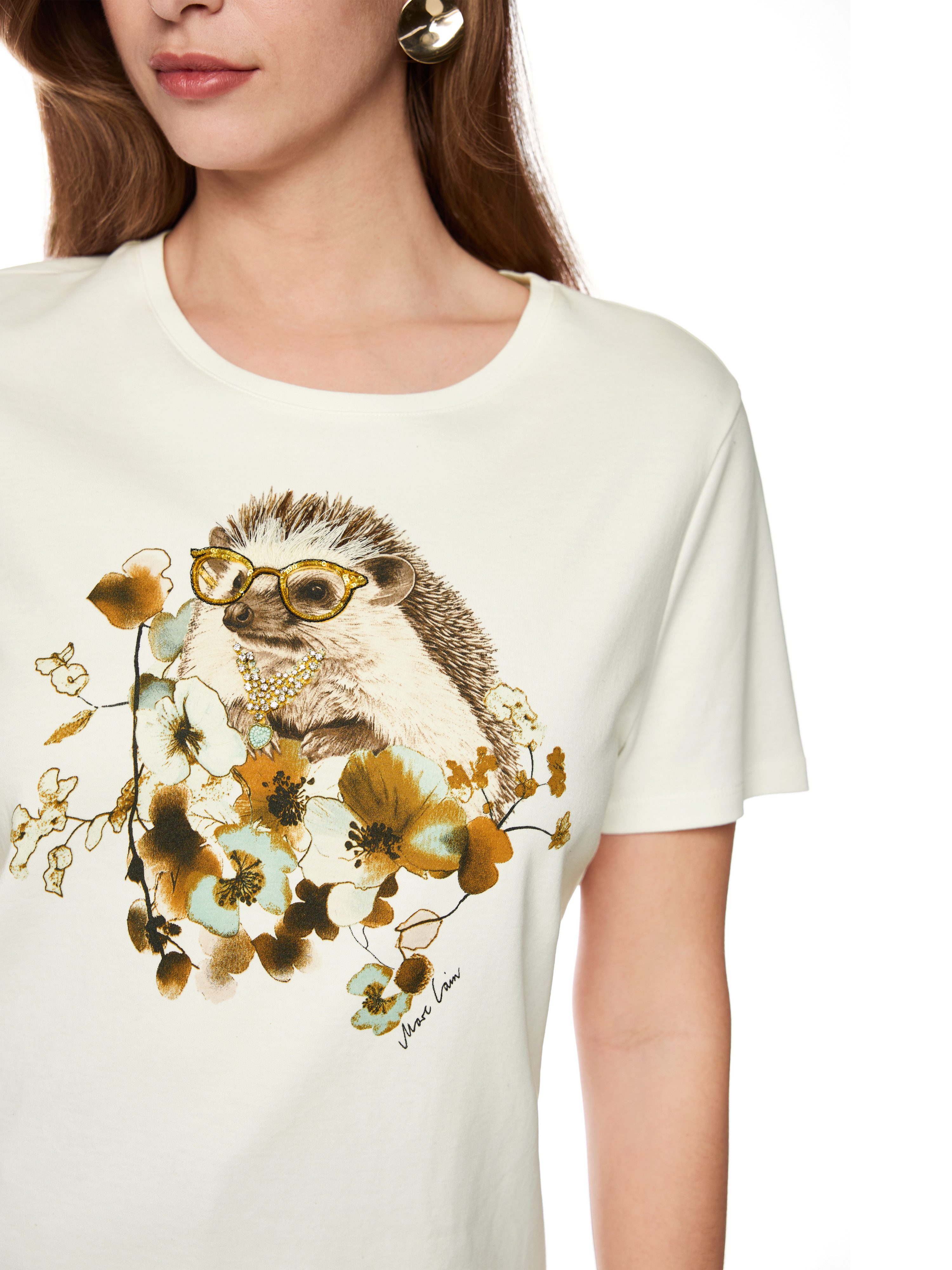 Marc Cain T-Shirt Fading Flowers Premium Damenmode Igel-Print mit Schmucksteinchen