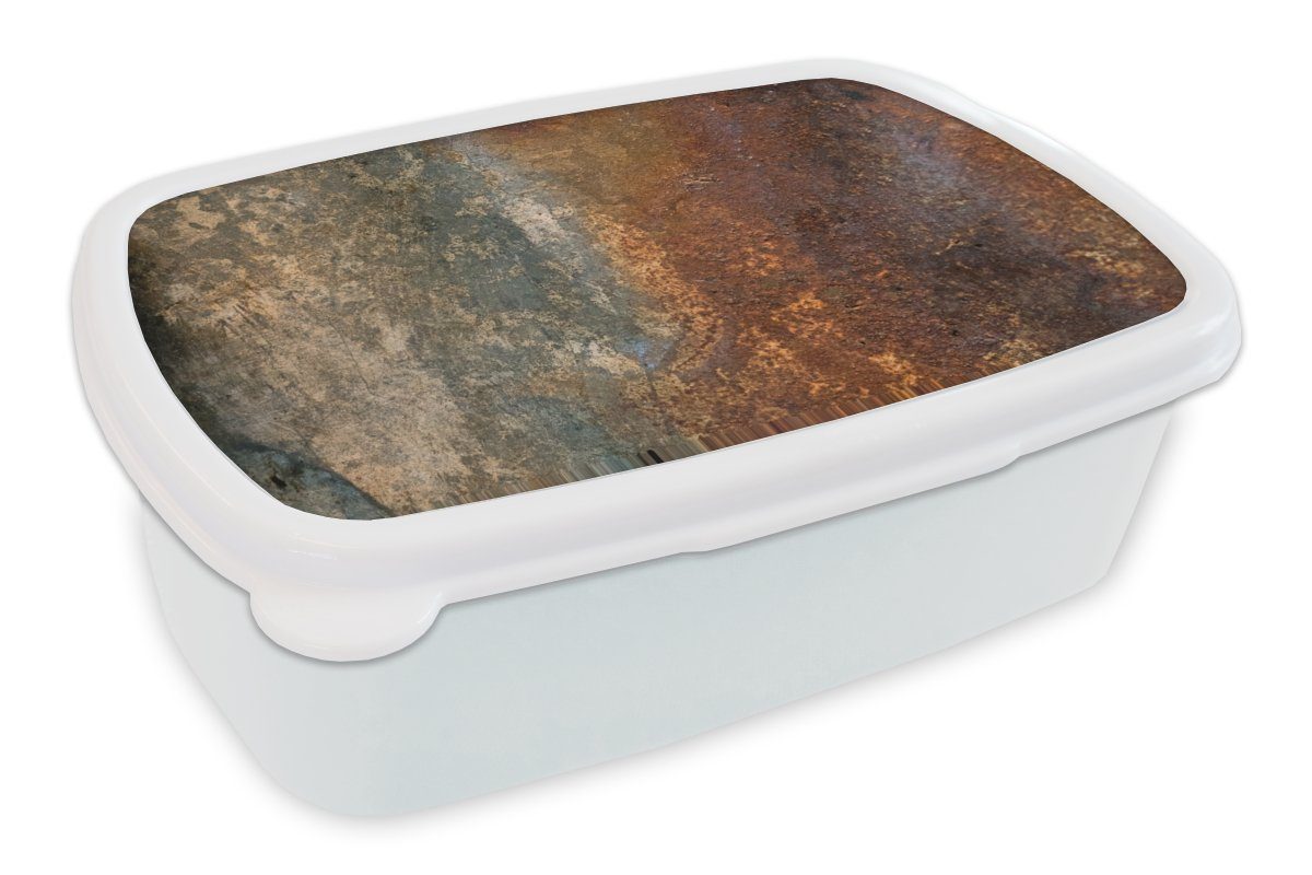 MuchoWow Lunchbox Stahl - Rost - Alt - Orange - Grau - Muster - Abstrakt, Kunststoff, (2-tlg), Brotbox für Kinder und Erwachsene, Brotdose, für Jungs und Mädchen weiß