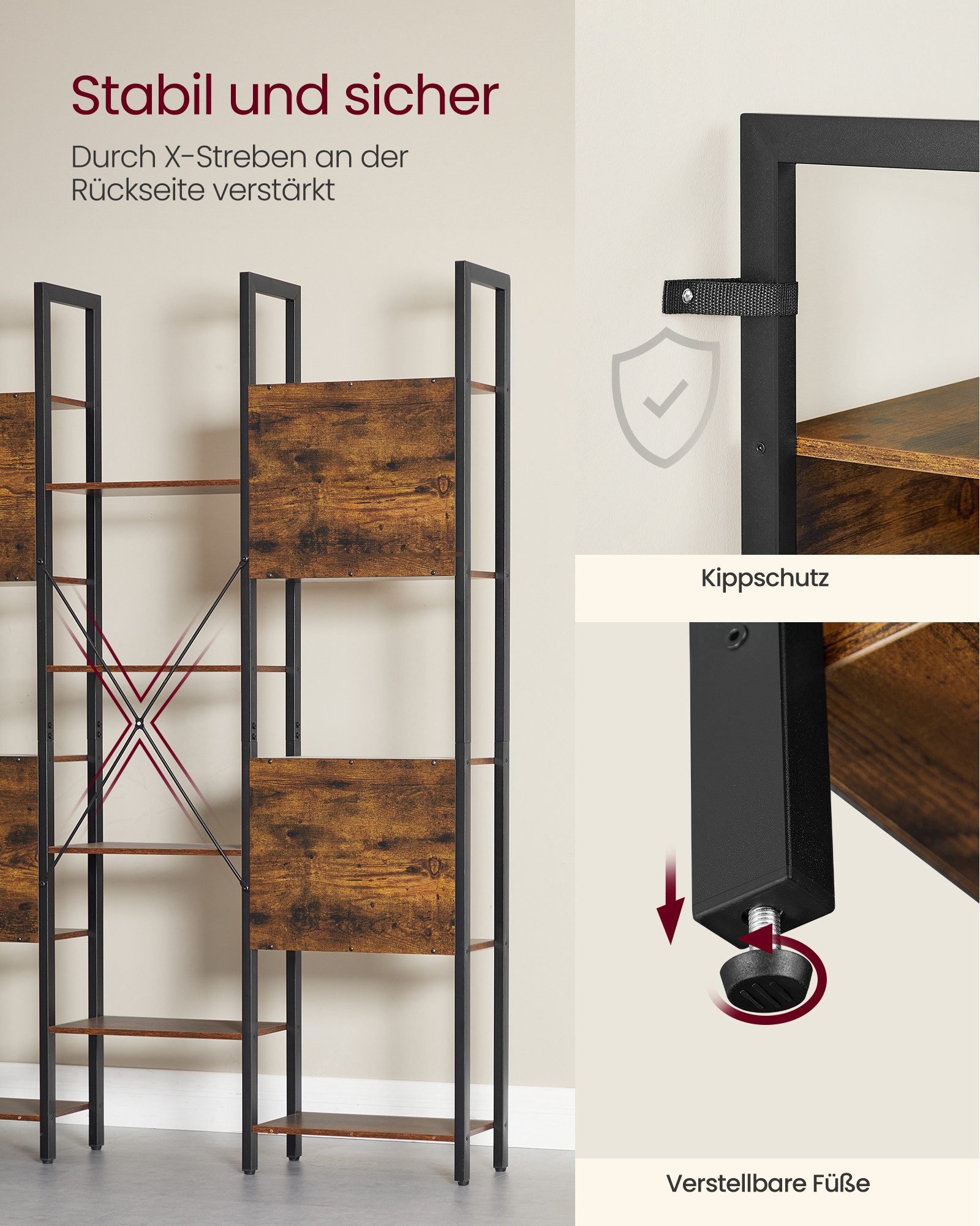 VASAGLE Bücherregal, mit 14 Ablagen, Regal mit Metallrahmen, für Wohnzimmer, Büro