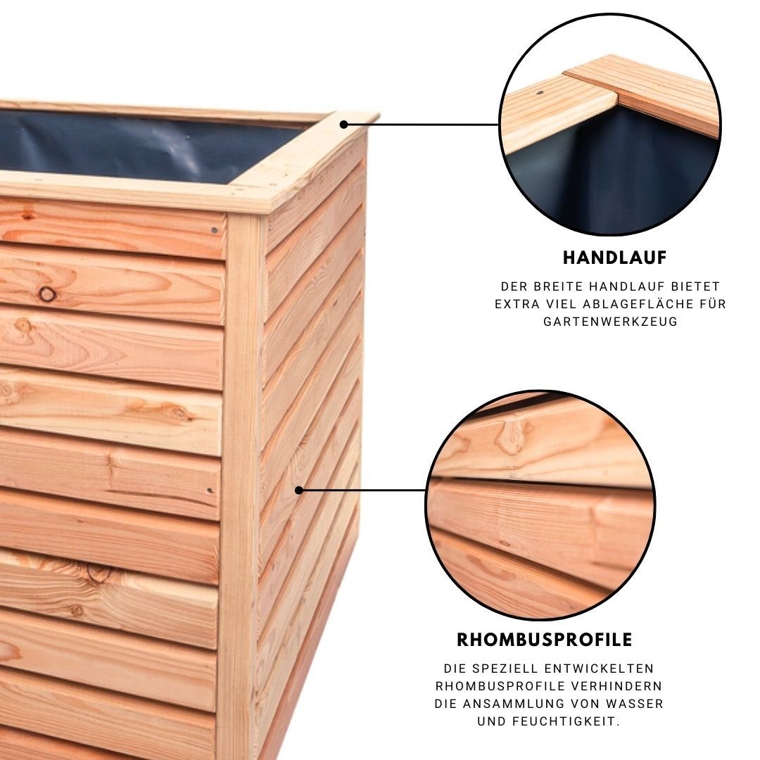Mega-Holz Hochbeet Mega-Holz Hochbeet Rhombus L aus Lärchenholz, 120 x 80 x 73 cm, Holz Blumenbeet für den Garten inkl. Pflanzfolie