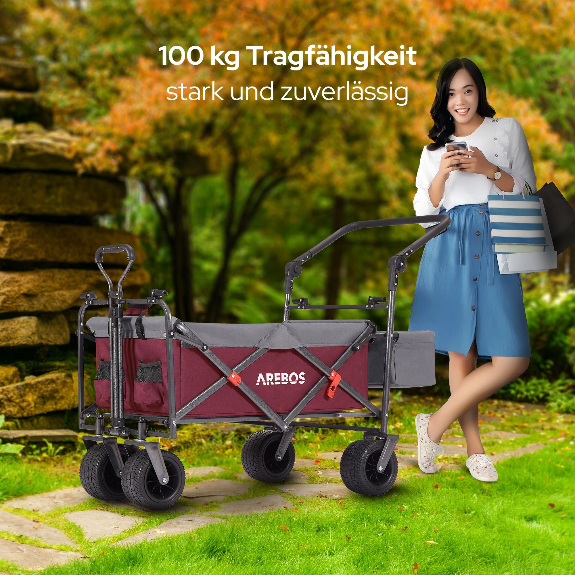 Arebos Bollerwagen faltbar mit Dach Handwagen 100 kg, wasser- & schmutzresistent (Rot/Grau), wasser- & schmutzresistent – Bild 4 von 5