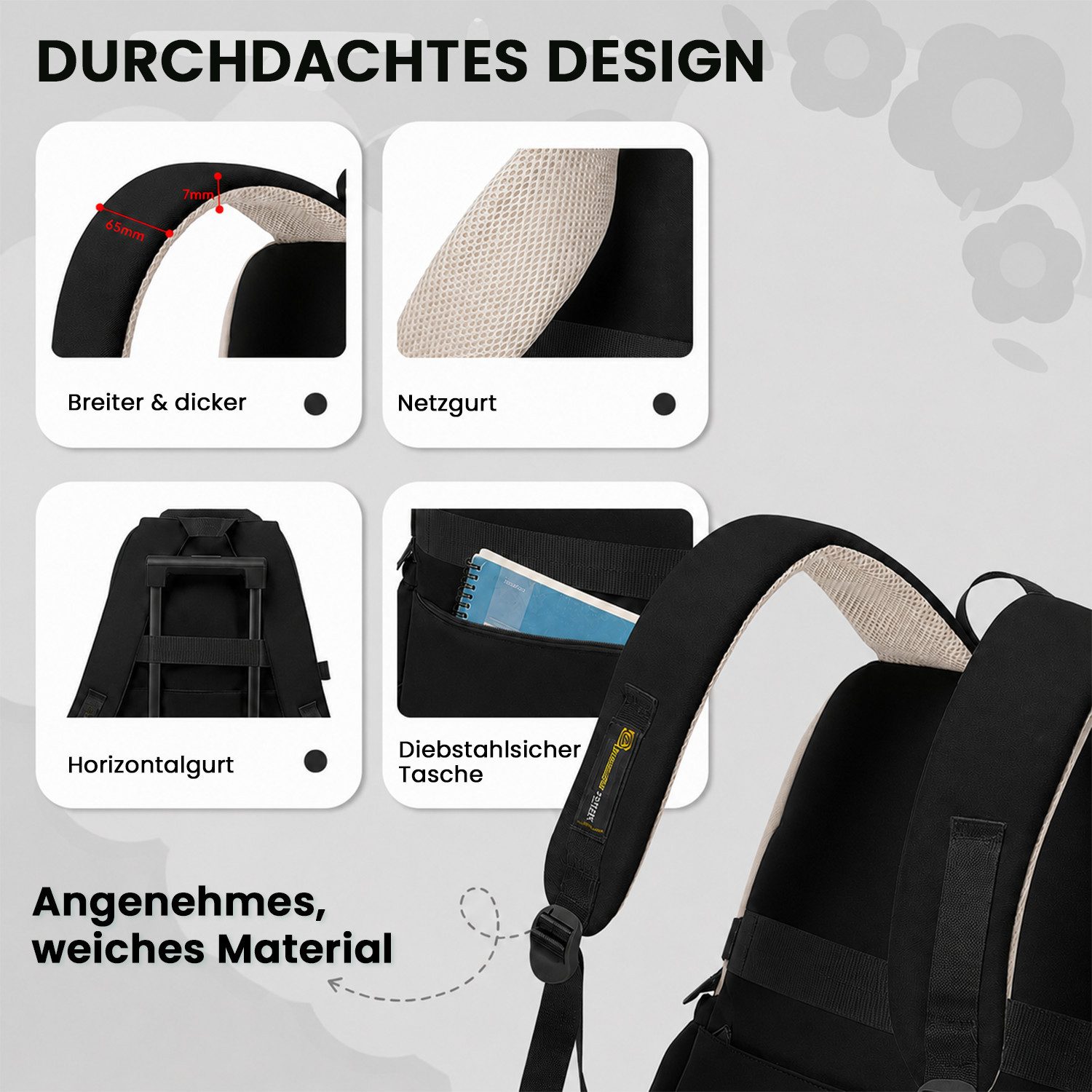 MOPUEA Schulrucksack 3-teiliges Schulrucksack-Set Turnbeutel Mit 6 magnetischen Lesezeichen (Multi-Tasche Schulranzen Rucksack Daypacks Schultaschen-Set Teenage – Bild 4 von 5