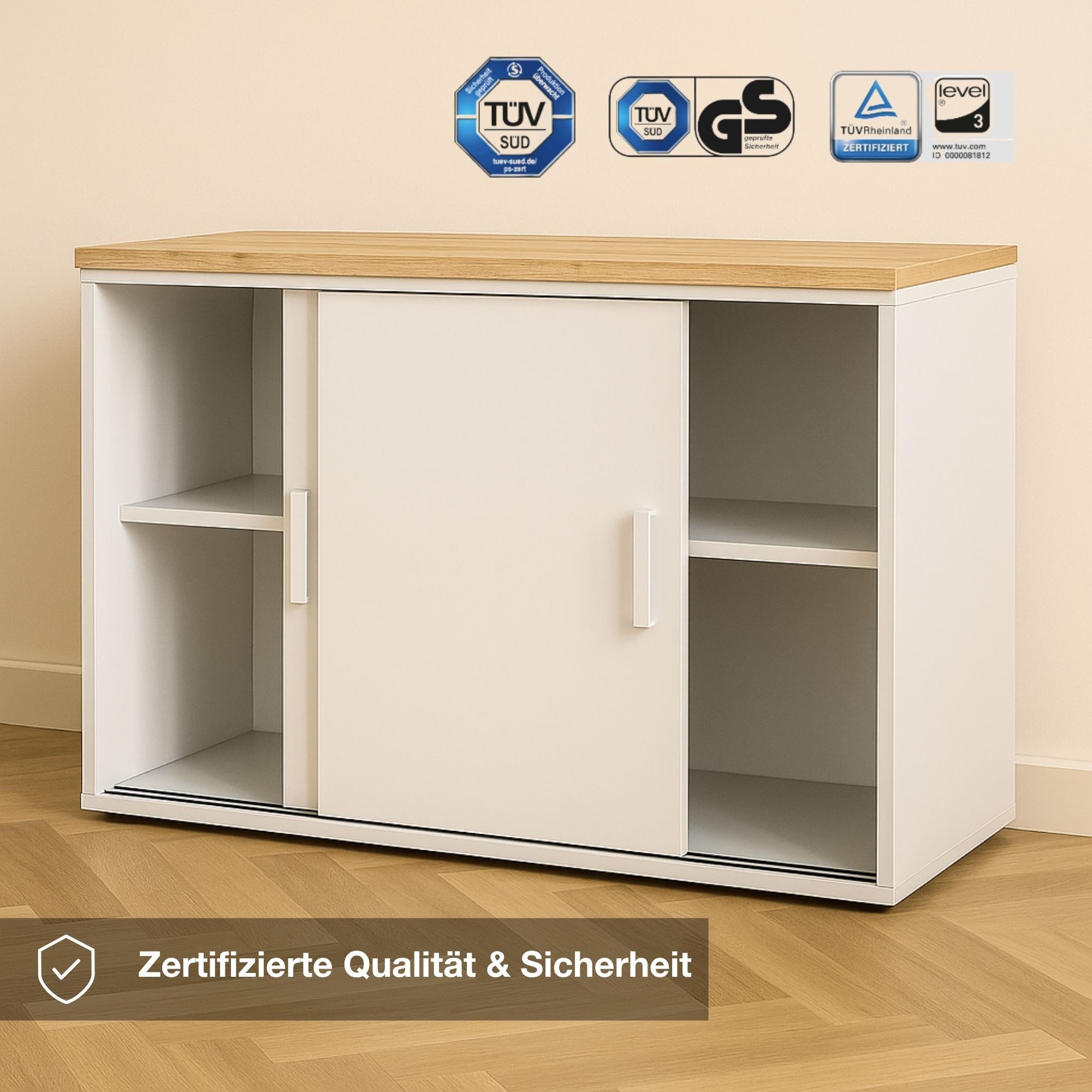 ASSMANN Büromöbel Aktenschrank Allvia (Weiß 100x44x72cm, fertig montiert, für Büro und Homeoffice), TÜV-zertifiziert, Blauer Engel, FEMB Level 3