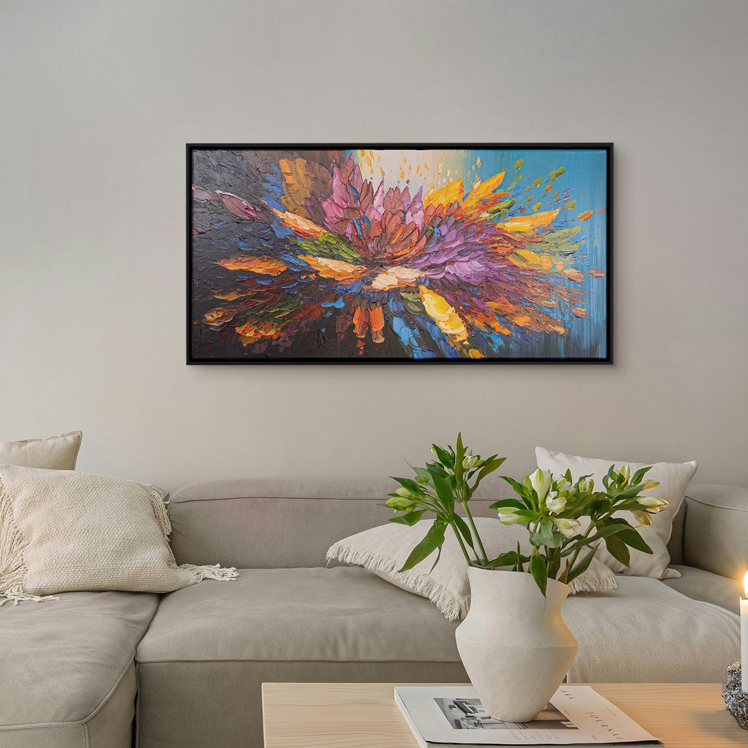 AUREDAS Gemälde "Tanz der Farben", 100x50cm Rahmen schwarz, Abstrakt, Blüte, Gemälde, Gemälde mit Strukturpaste und Acrylfarbe, Panorama Format