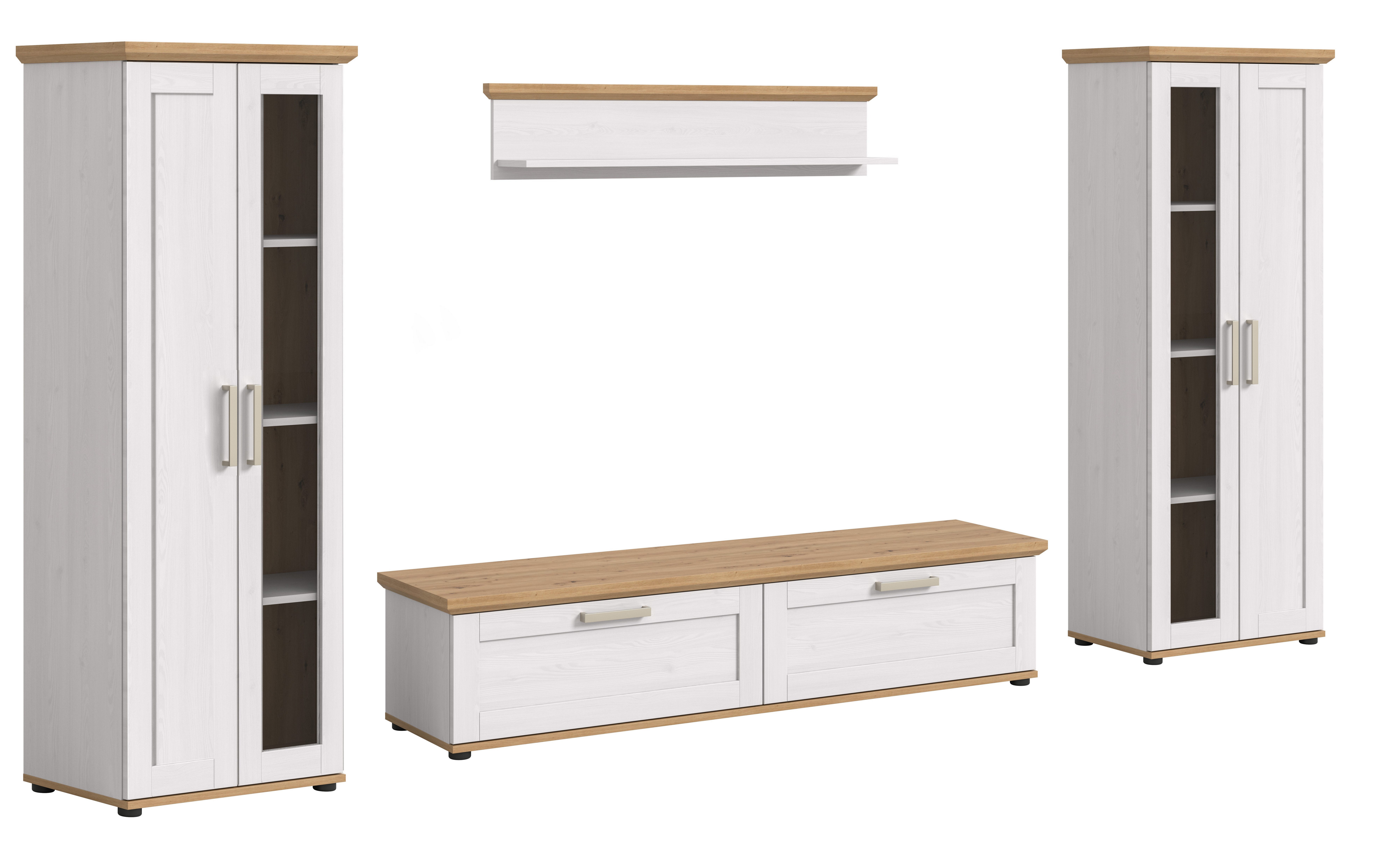furnling Wohnzimmer-Set Viola, (4-St., bestehend aus Lowboard, 2 Vitrinen, Wandboard), Wohnzimmerschränke, Absetzungen in Artisan Eiche, Breite 316 cm