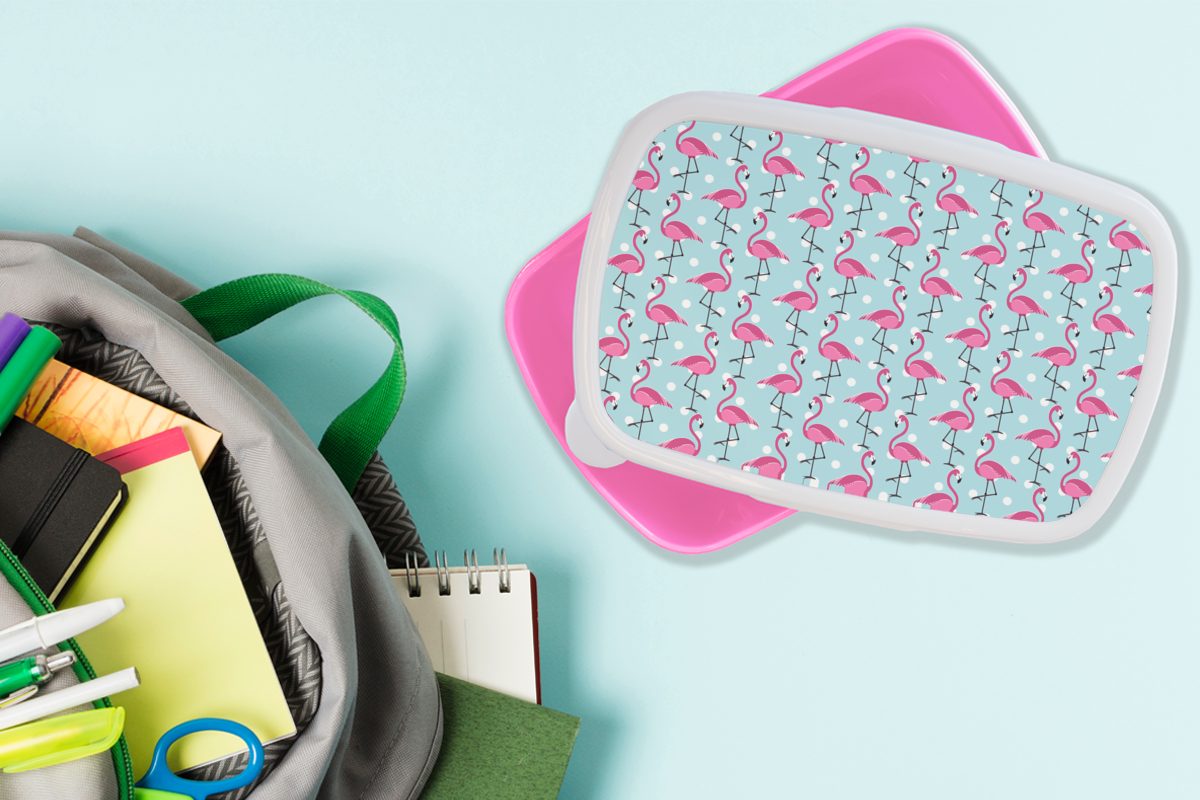 Kunststoff, Mädchen, für Erwachsene, Polka - Lunchbox Brotbox Snackbox, (2-tlg), Kinder, Brotdose Kunststoff Flamingo dots Muster, MuchoWow rosa - Tiere -