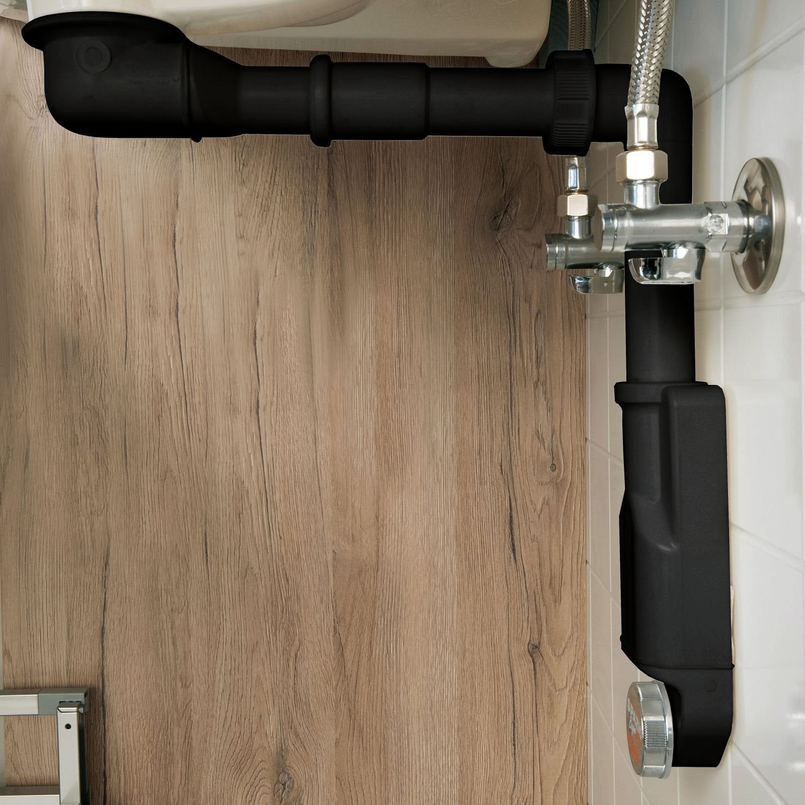 SO-TECH® Siphon Raumsparsiphon 32 - 40 mm Ablaufgarnitur f. Küche und Bad, Raumspar-Siphon schwarz mit Reinigungsöffnung