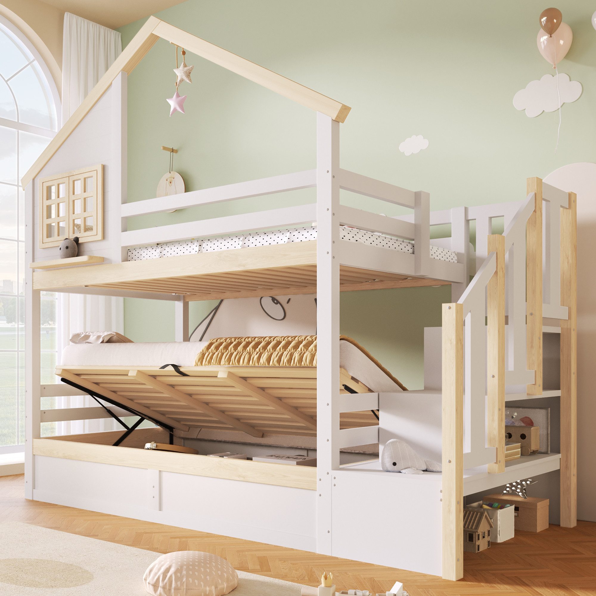Merax Etagenbett 90x200cm mit Hausdesign (Jugendbett Doppelbett Stockbett Spielbett mit Fensteroptik, 1-St), Kiefernholz Kinderbett mit hydraulischem Stauraum, Treppe & Geländer