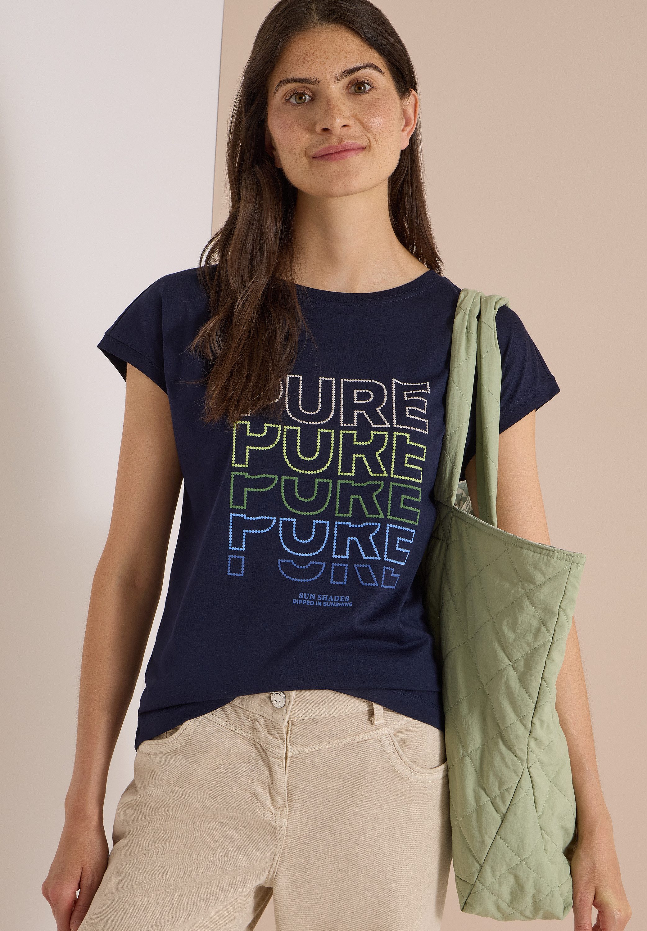 CECIL Kurzarmshirt Sommershirt mit Boat Neck und Frontprint