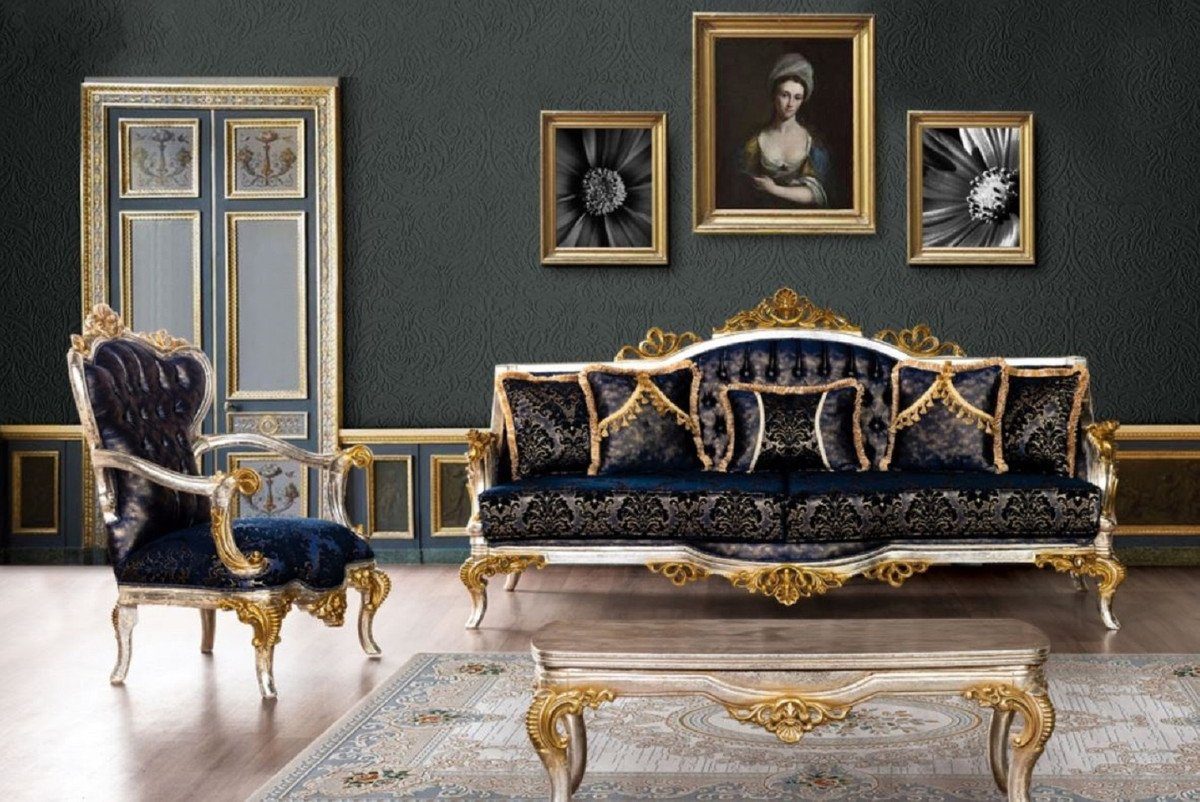 Luxus / Möbel Prunkvoller Wohnzimmer Barock Muster elegantem / Padrino Royalblau Sessel - Handgefertigte mit - Silber Sessel / Casa Barock Gold Schwarz Wohnzimmer Sessel