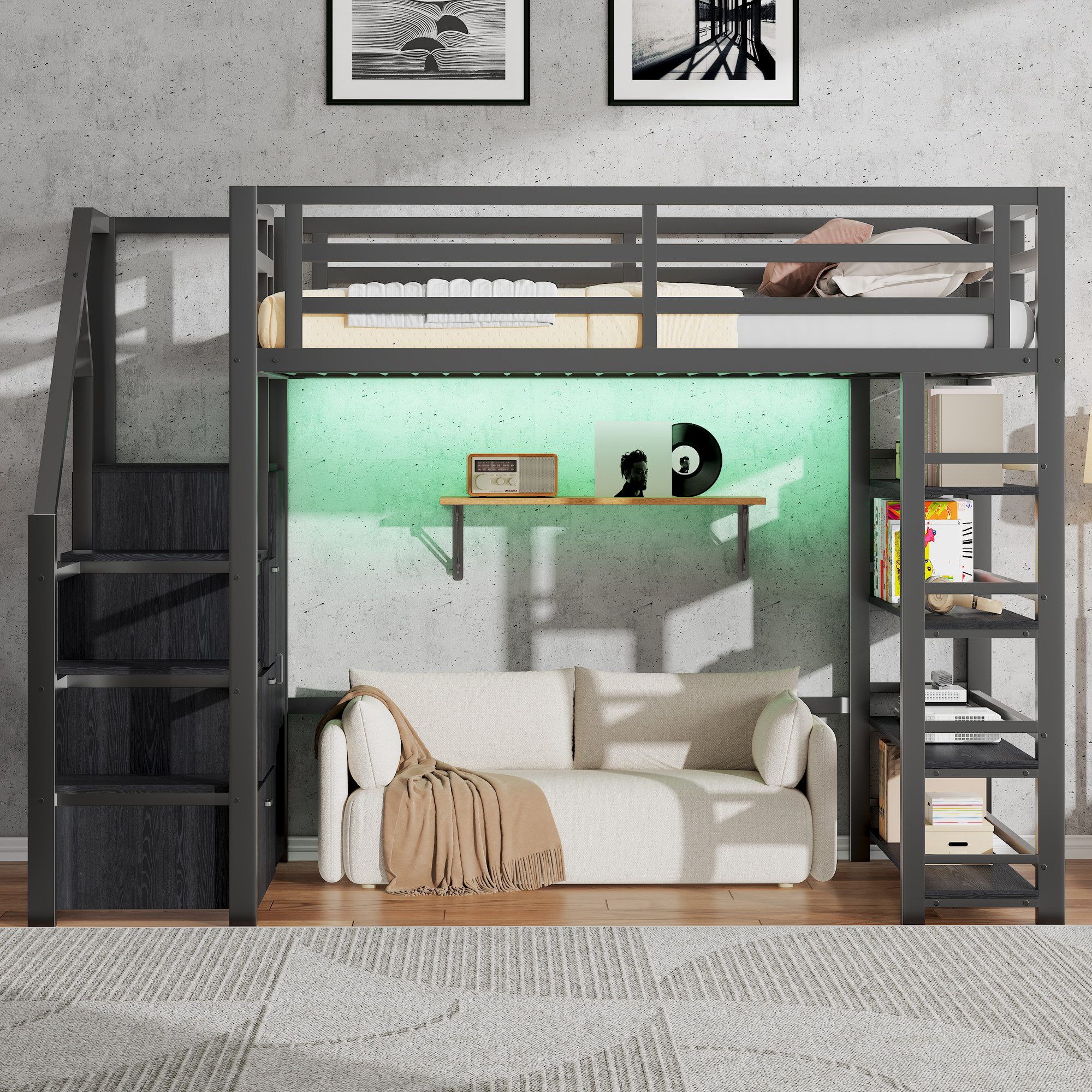 Merax Hochbett 140x200cm mit LED-Beleuchtung (255 × 145,5 × 170 cm, 1-St., Etagenbett Jugendbett Einzelbett) Metallbett Kinderbett mit Kleiderschrank, Regalen, Treppe & Stauraum