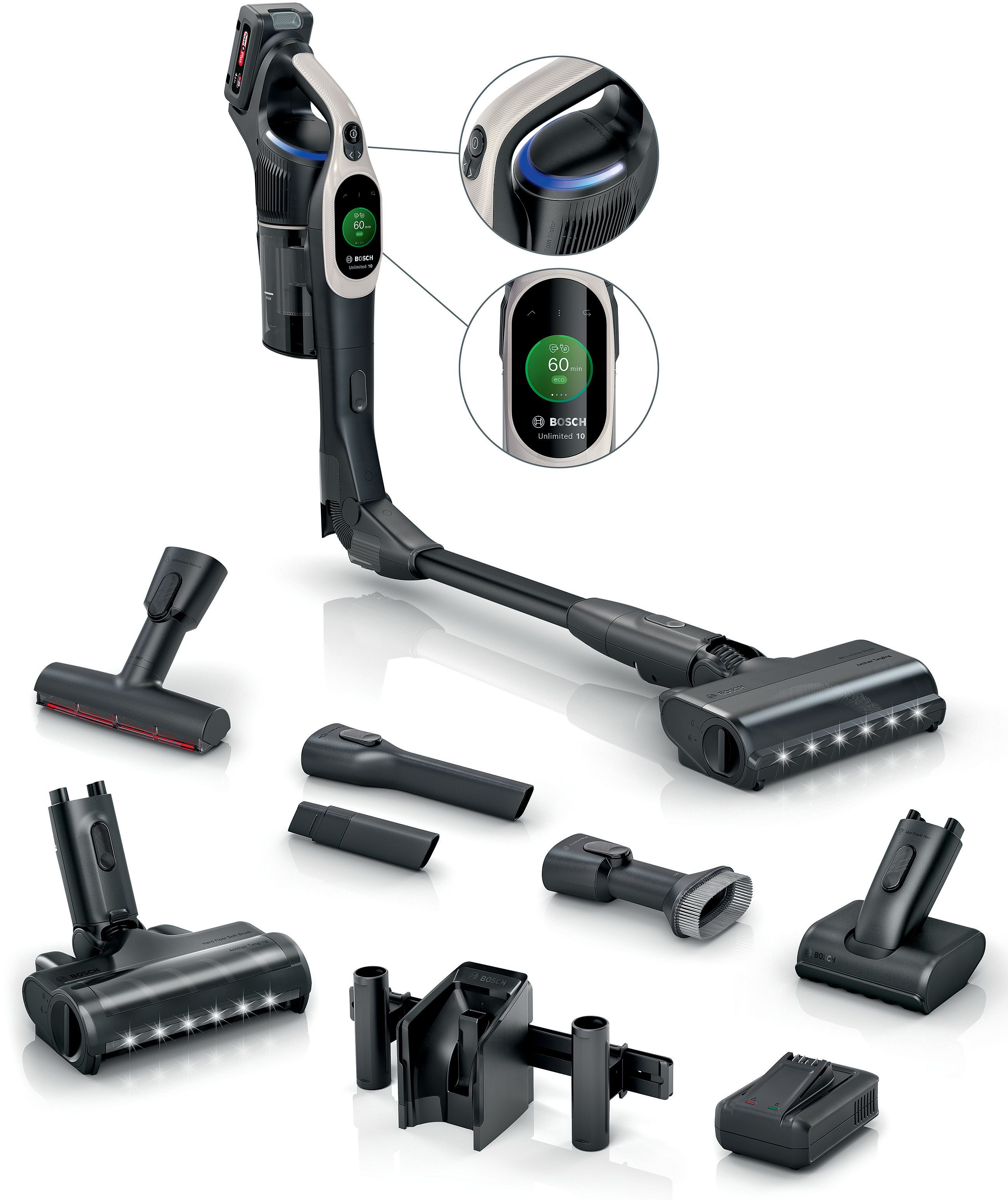 BOSCH Akku-Stielstaubsauger Unlimited 10 BKS1051GQC, MicroClean™ Technology, Display, Knickrohr, beutellos, HEPA-Filtersystem, 10 Jahre Motorgarantie, Schnellladegerät, grau