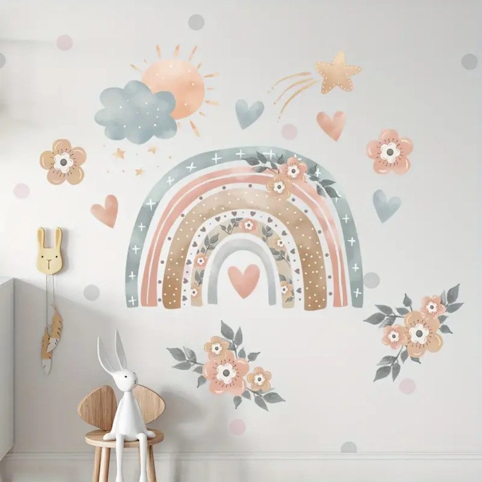 Montegoni Wandsticker Lebendige Regenbogen Herz und Blumen Wandtattoo, Abnehmbare PVC Aufkleber für Wohnzimmer und Sofahintergründe – Bild 5 von 5